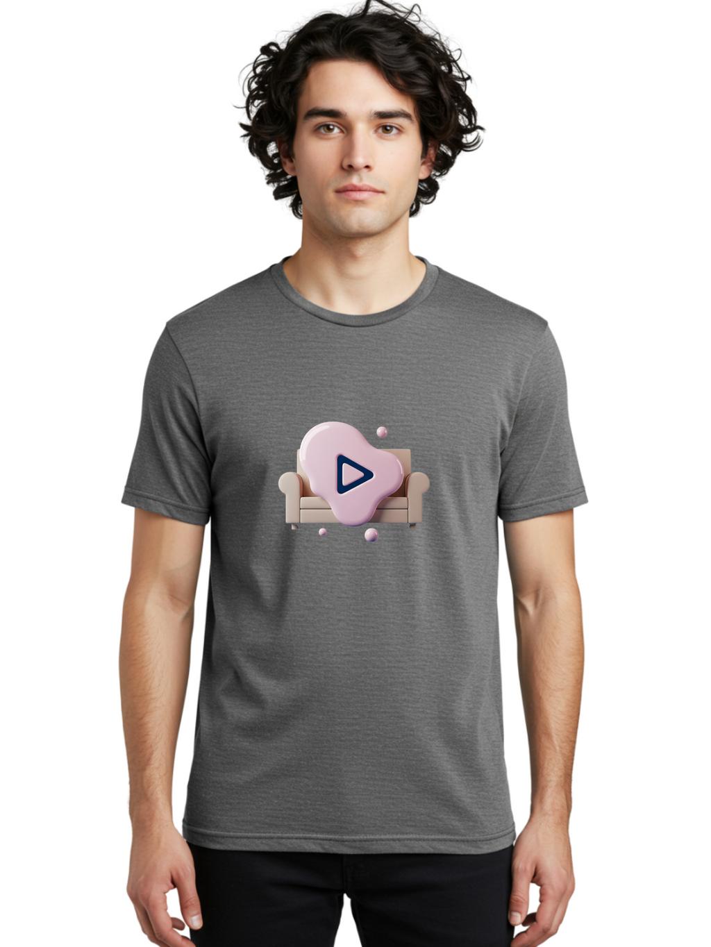 Play-Button-1 Men'S Graphic Tee, 100% Cotton, Comfortable Casual Summer Wear, Machine Washable, Play Button Icon, 3D Rendering, White Couch, Floating Spheres, Modern Design, Digital Media, Interactive Elements, Play Symbol, User Interface Bac323