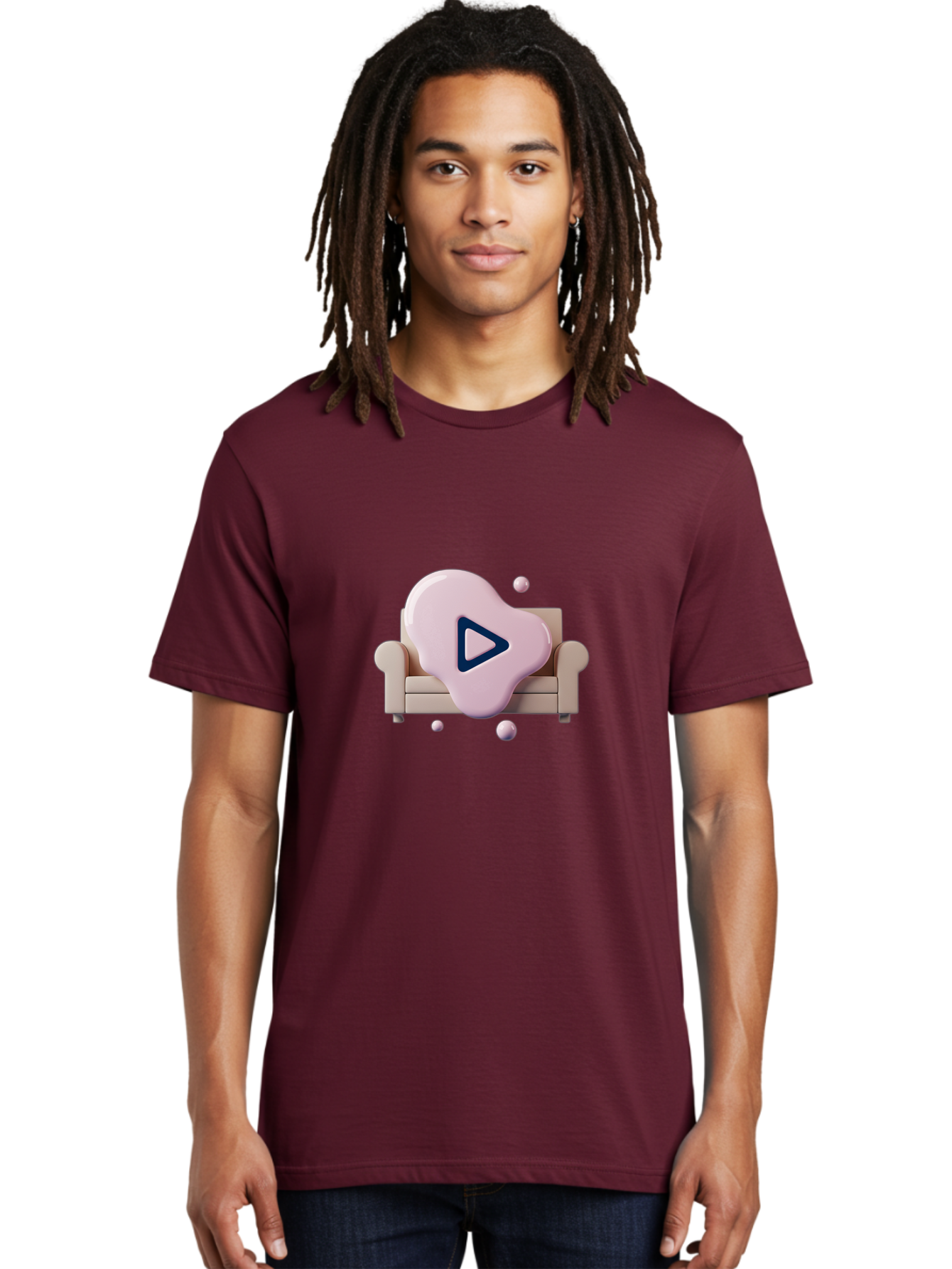 Play-Button-1 Men'S Graphic Tee, 100% Cotton, Comfortable Casual Summer Wear, Machine Washable, Play Button Icon, 3D Rendering, White Couch, Floating Spheres, Modern Design, Digital Media, Interactive Elements, Play Symbol, User Interface Bac323