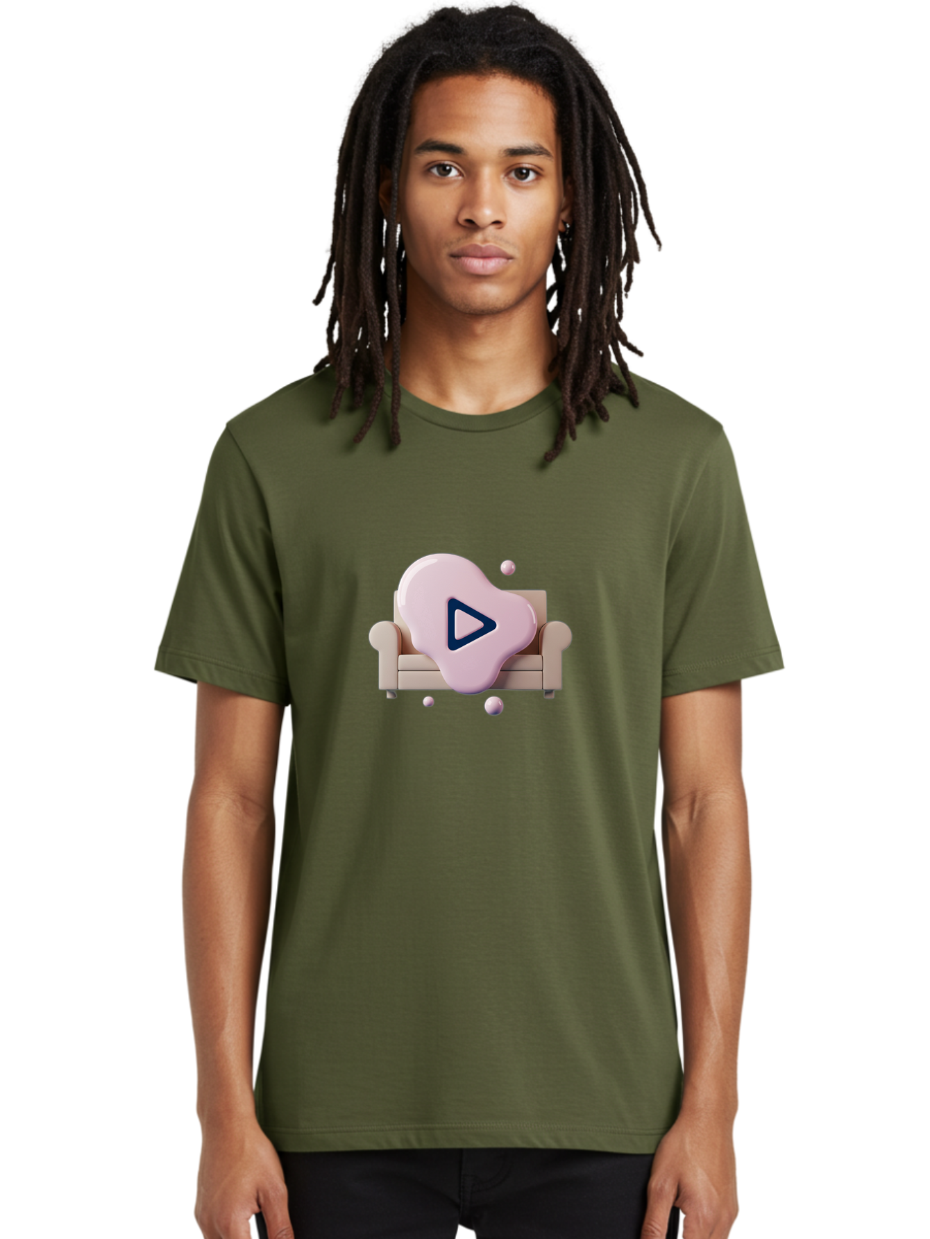 Play-Button-1 Men'S Graphic Tee, 100% Cotton, Comfortable Casual Summer Wear, Machine Washable, Play Button Icon, 3D Rendering, White Couch, Floating Spheres, Modern Design, Digital Media, Interactive Elements, Play Symbol, User Interface Bac323
