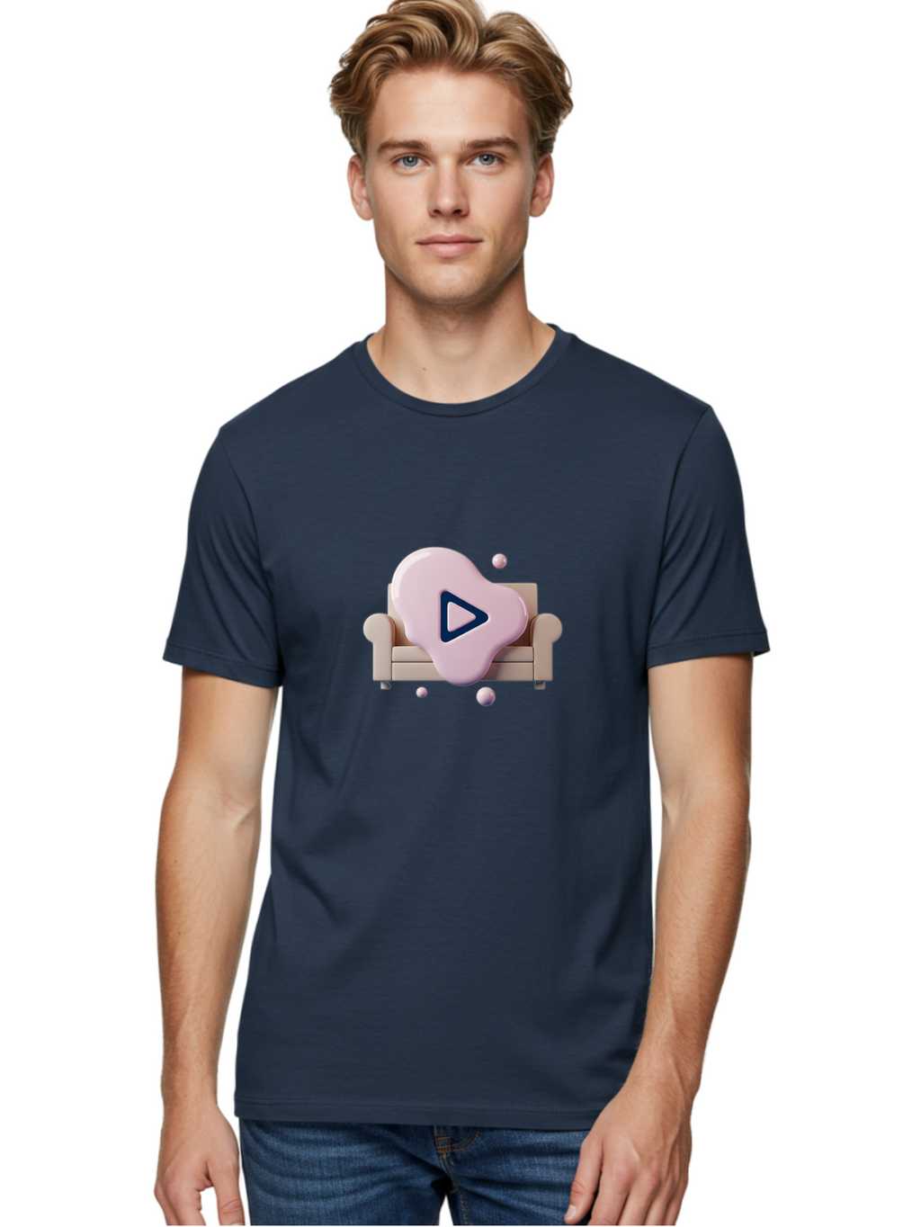 Play-Button-1 Men'S Graphic Tee, 100% Cotton, Comfortable Casual Summer Wear, Machine Washable, Play Button Icon, 3D Rendering, White Couch, Floating Spheres, Modern Design, Digital Media, Interactive Elements, Play Symbol, User Interface Bac323