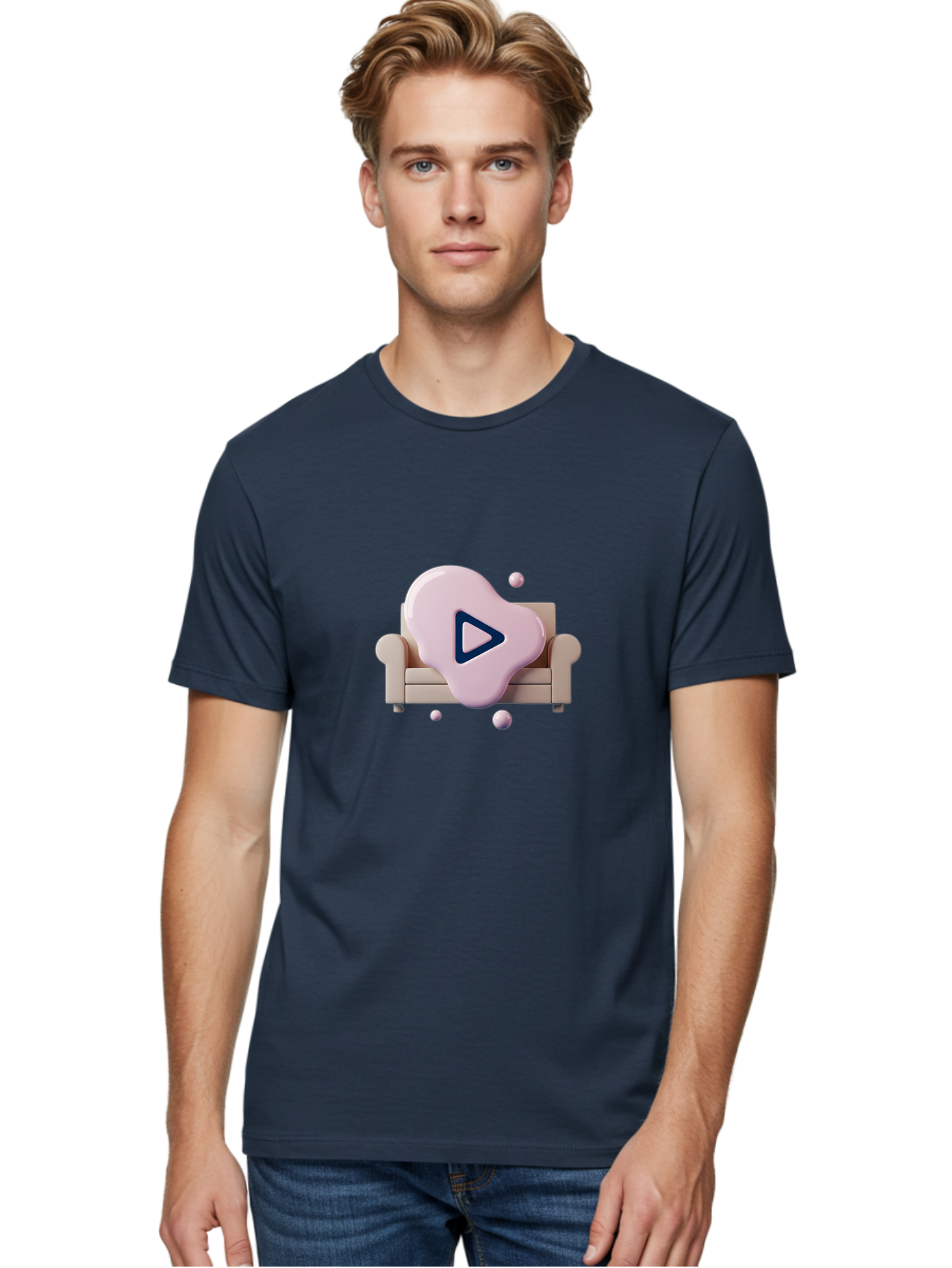 Play-Button-1 Men'S Graphic Tee, 100% Cotton, Comfortable Casual Summer Wear, Machine Washable, Play Button Icon, 3D Rendering, White Couch, Floating Spheres, Modern Design, Digital Media, Interactive Elements, Play Symbol, User Interface Bac323