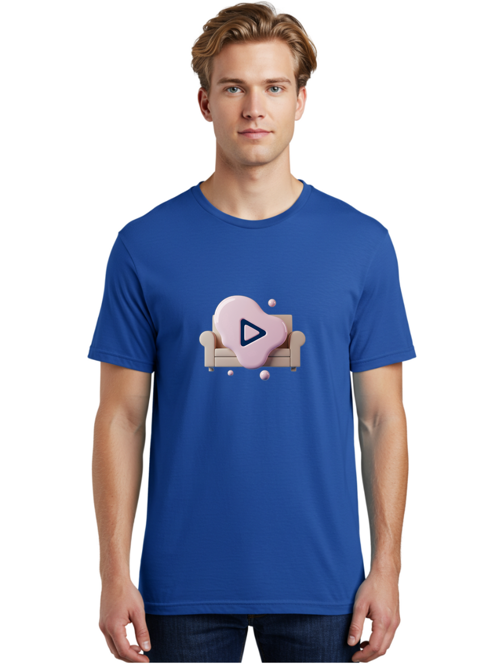 Play-Button-1 Men'S Graphic Tee, 100% Cotton, Comfortable Casual Summer Wear, Machine Washable, Play Button Icon, 3D Rendering, White Couch, Floating Spheres, Modern Design, Digital Media, Interactive Elements, Play Symbol, User Interface Bac323