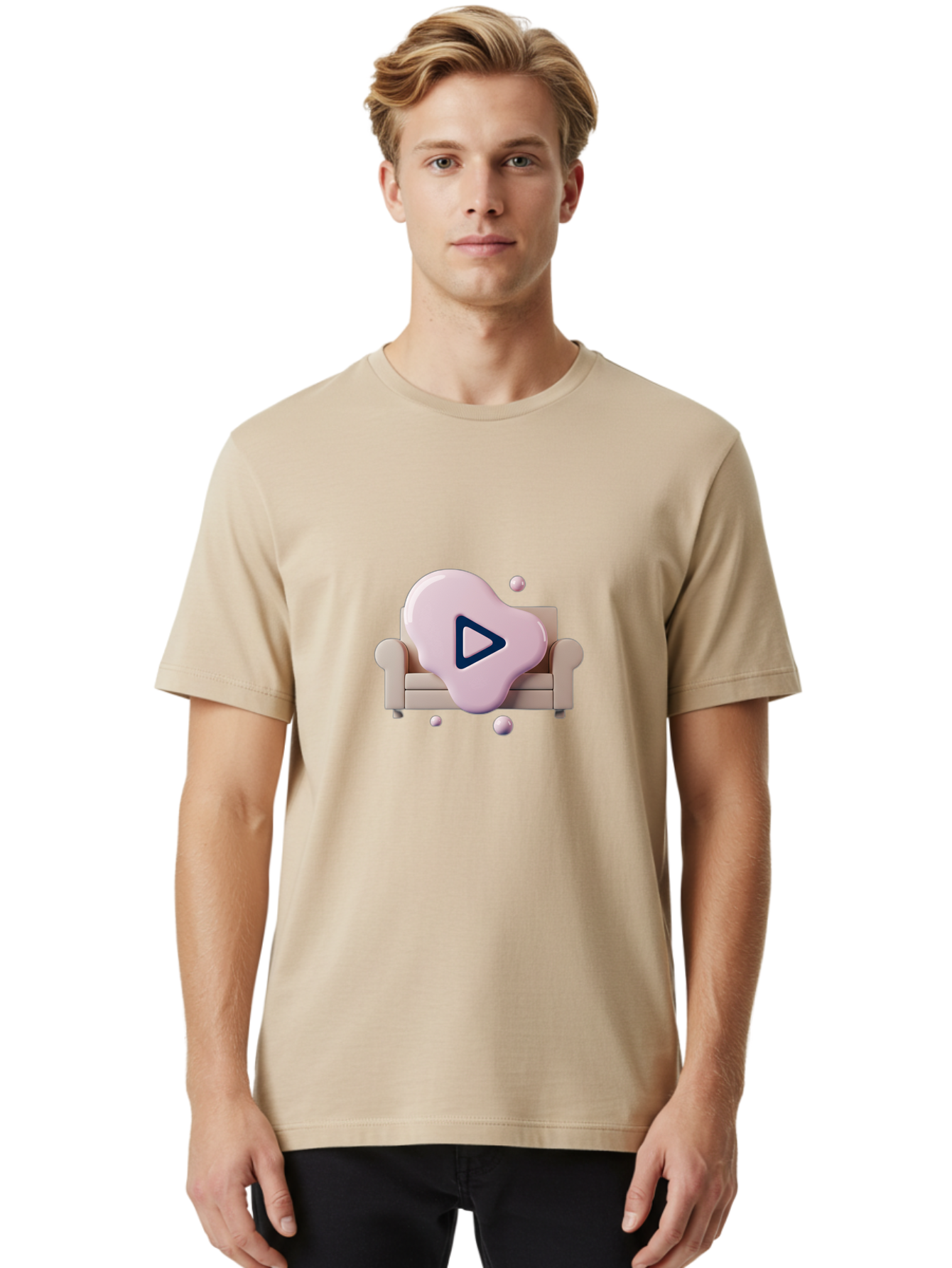 Play-Button-1 Men'S Graphic Tee, 100% Cotton, Comfortable Casual Summer Wear, Machine Washable, Play Button Icon, 3D Rendering, White Couch, Floating Spheres, Modern Design, Digital Media, Interactive Elements, Play Symbol, User Interface Bac323