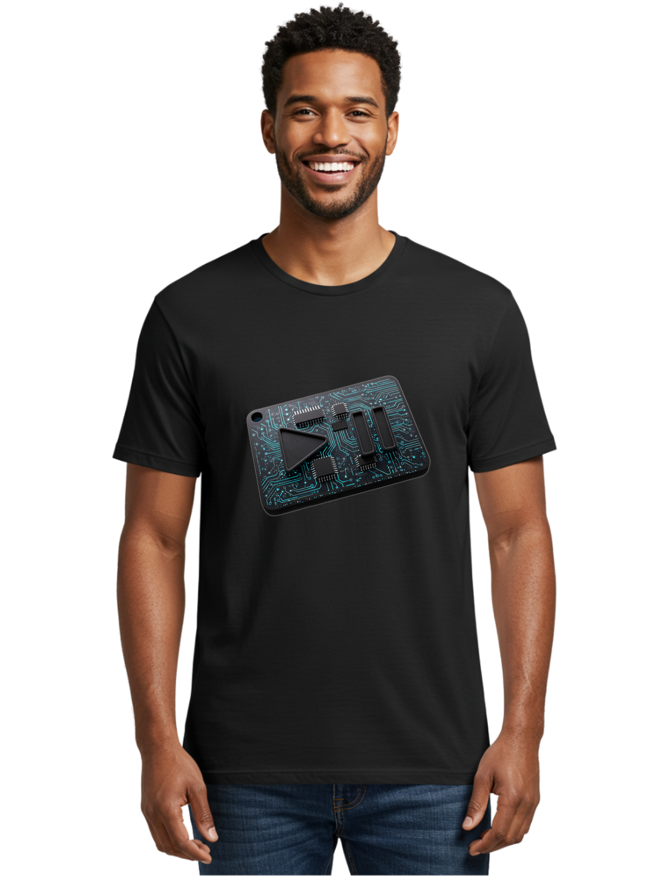 Play-Button-Circuit-Card Men'S Graphic Tee, 100% Cotton, Comfortable Casual Summer Wear, Machine Washable, Media Controls, Play Button, Circuit Board, Electronic Device, Futuristic Design, Modern Technology, Sleek Interface, User Experience, Bac325