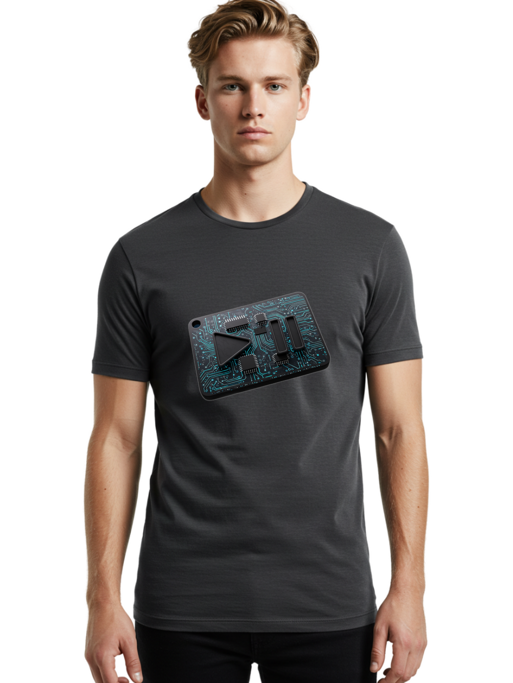Play-Button-Circuit-Card Men'S Graphic Tee, 100% Cotton, Comfortable Casual Summer Wear, Machine Washable, Media Controls, Play Button, Circuit Board, Electronic Device, Futuristic Design, Modern Technology, Sleek Interface, User Experience, Bac325
