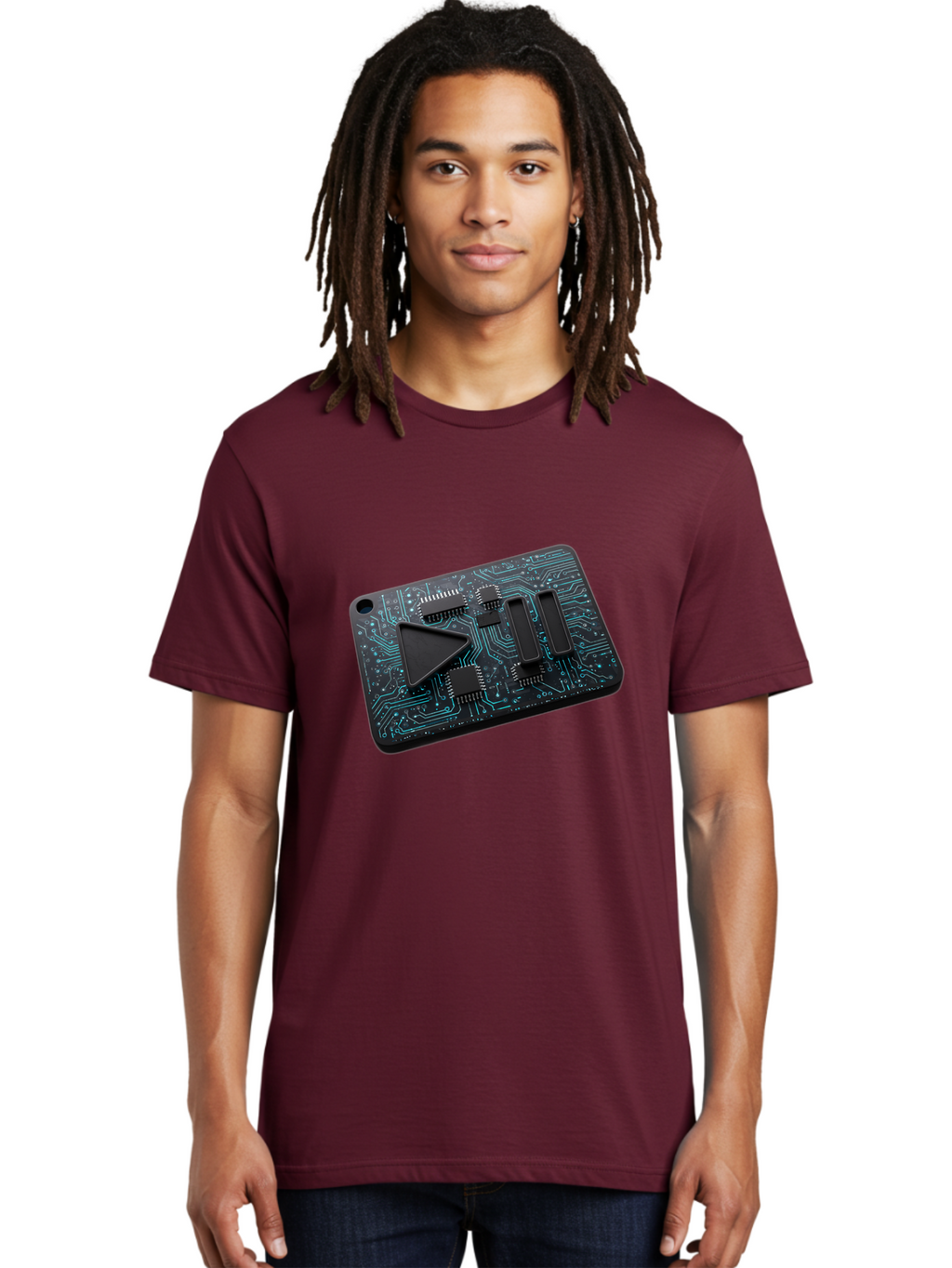 Play-Button-Circuit-Card Men'S Graphic Tee, 100% Cotton, Comfortable Casual Summer Wear, Machine Washable, Media Controls, Play Button, Circuit Board, Electronic Device, Futuristic Design, Modern Technology, Sleek Interface, User Experience, Bac325