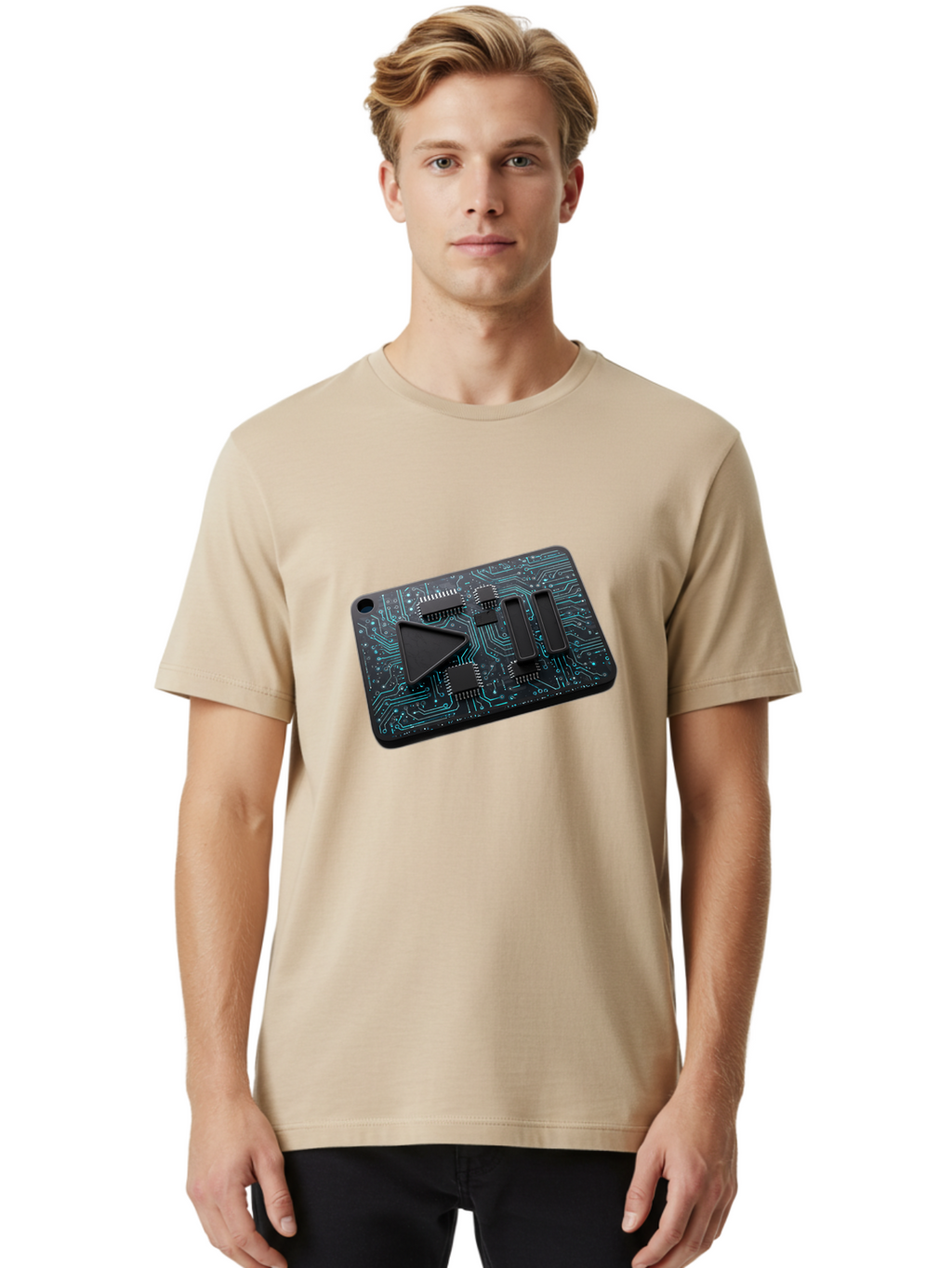 Play-Button-Circuit-Card Men'S Graphic Tee, 100% Cotton, Comfortable Casual Summer Wear, Machine Washable, Media Controls, Play Button, Circuit Board, Electronic Device, Futuristic Design, Modern Technology, Sleek Interface, User Experience, Bac325
