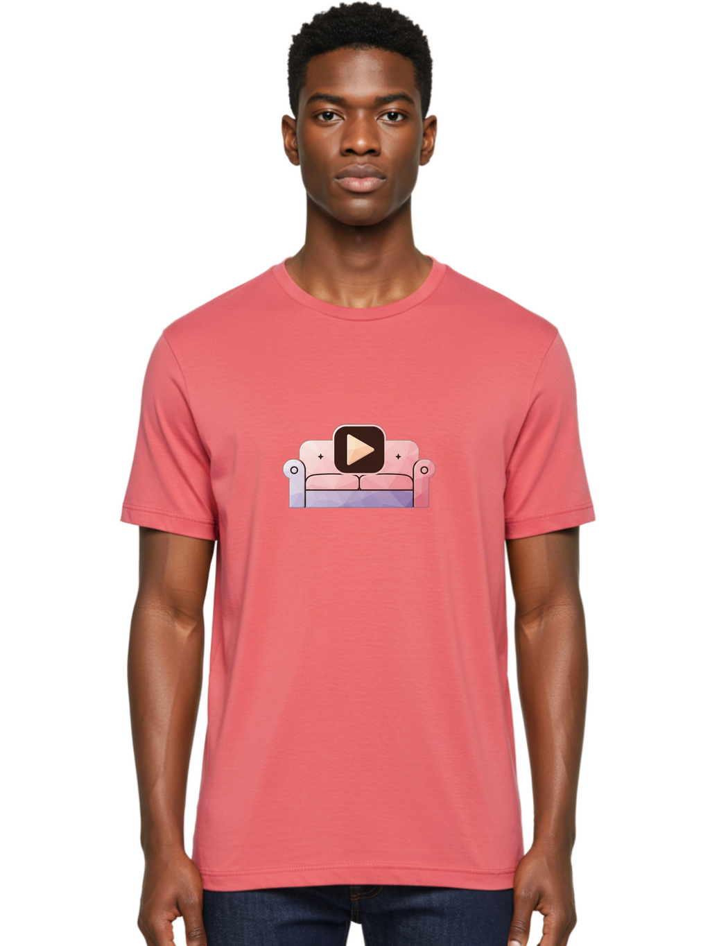 Play-Button-On-Couch Men'S Graphic Tee, 100% Cotton, Comfortable Casual Summer Wear, Machine Washable, Play Button Icon On A Sofa, Cartoon Style, Pink Couch, Purple Accents, Plus Signs, Play Symbol, Digital Illustration Bac327