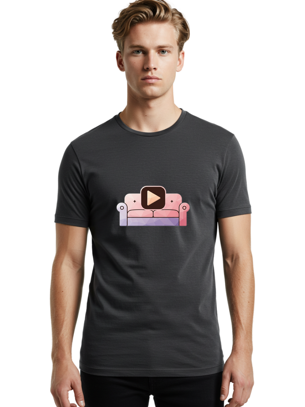 Play-Button-On-Couch Men'S Graphic Tee, 100% Cotton, Comfortable Casual Summer Wear, Machine Washable, Play Button Icon On A Sofa, Cartoon Style, Pink Couch, Purple Accents, Plus Signs, Play Symbol, Digital Illustration Bac327