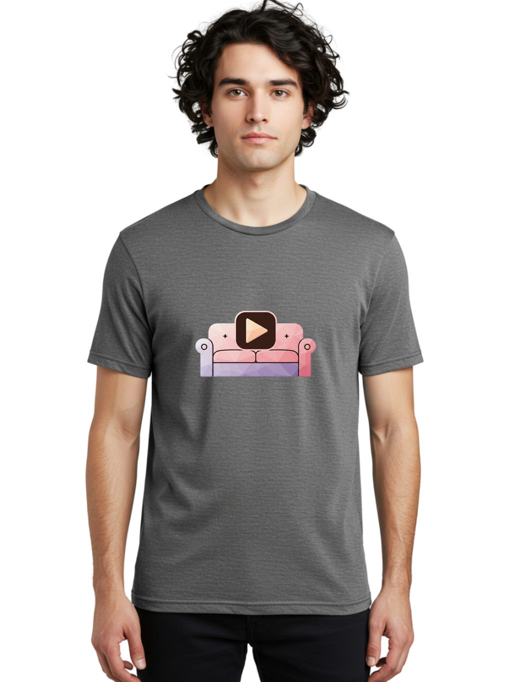 Play-Button-On-Couch Men'S Graphic Tee, 100% Cotton, Comfortable Casual Summer Wear, Machine Washable, Play Button Icon On A Sofa, Cartoon Style, Pink Couch, Purple Accents, Plus Signs, Play Symbol, Digital Illustration Bac327