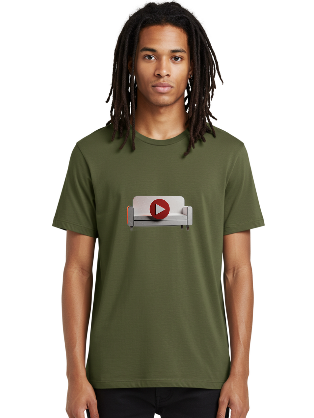 Play-Button-On-Sofa Men'S Graphic Tee, 100% Cotton, Comfortable Casual Summer Wear, Machine Washable, Play Button On Couch, Video Play Icon, Sofa Furniture, 3D Illustration, Modern Interior Design, Home Decor, Digital Media, Entertainment, Bac328
