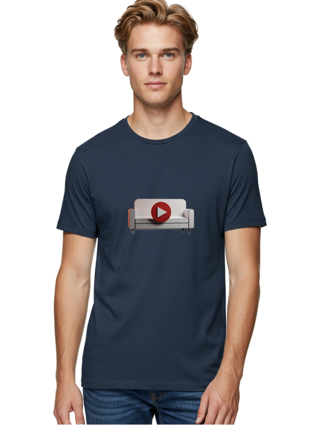 Play-Button-On-Sofa Men'S Graphic Tee, 100% Cotton, Comfortable Casual Summer Wear, Machine Washable, Play Button On Couch, Video Play Icon, Sofa Furniture, 3D Illustration, Modern Interior Design, Home Decor, Digital Media, Entertainment, Bac328
