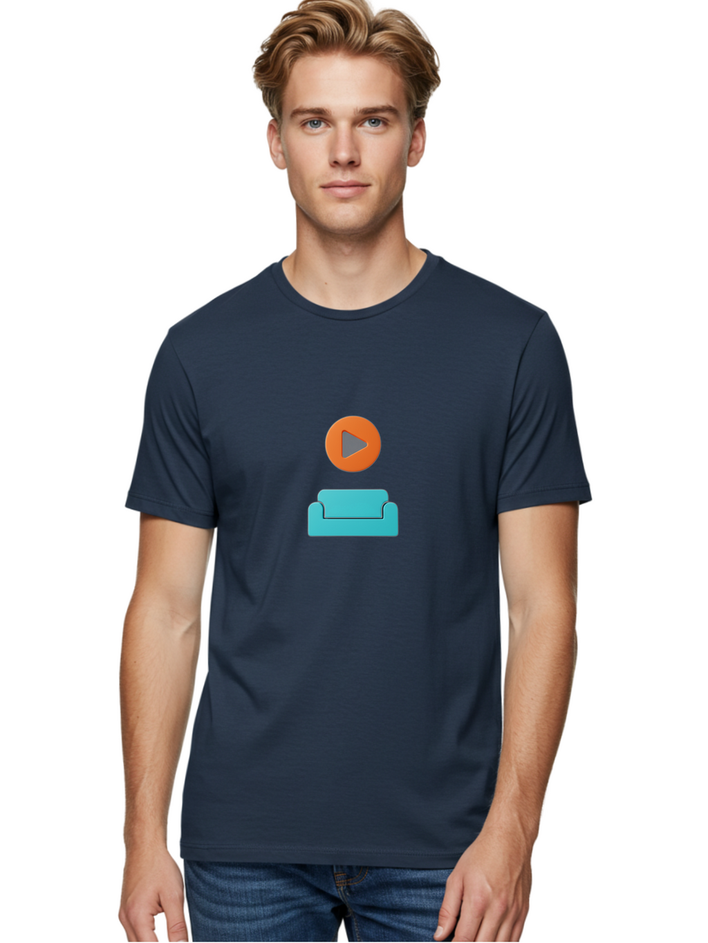 Play-Button-Sofa Men'S Graphic Tee, 100% Cotton, Comfortable Casual Summer Wear, Machine Washable, Play Button, Sofa, Blue Couch, Entertainment, Relaxation, Orange Circle, Gray Play Icon, Digital Illustration, Modern Design Bac329