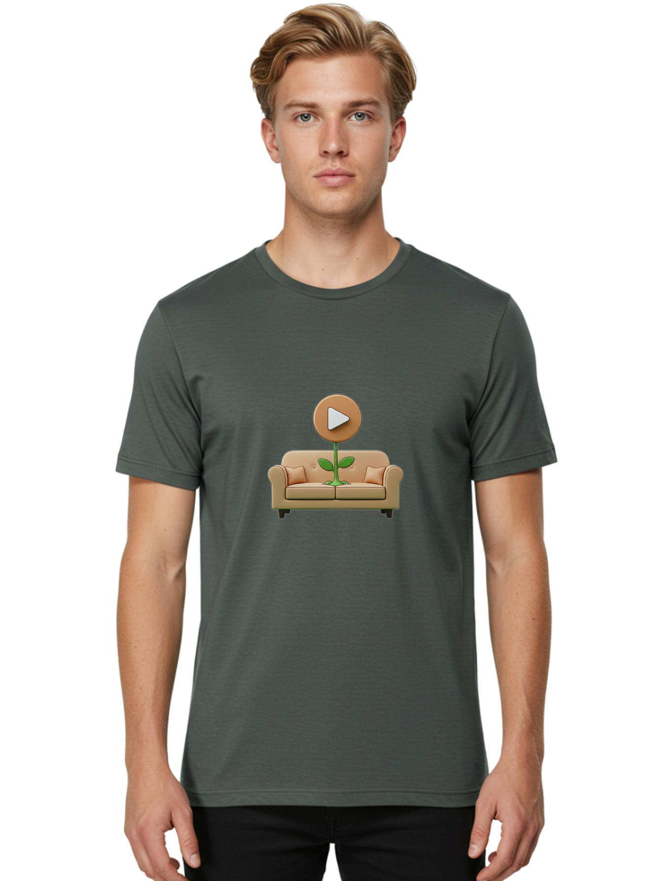 Play-Button-Sprout Men'S Graphic Tee, 100% Cotton, Comfortable Casual Summer Wear, Machine Washable, Play Button, Video Play Icon, Growing Plant, Tan Couch, Cartoon Illustration, Creative Concept, Digital Media, Online Video Bac330
