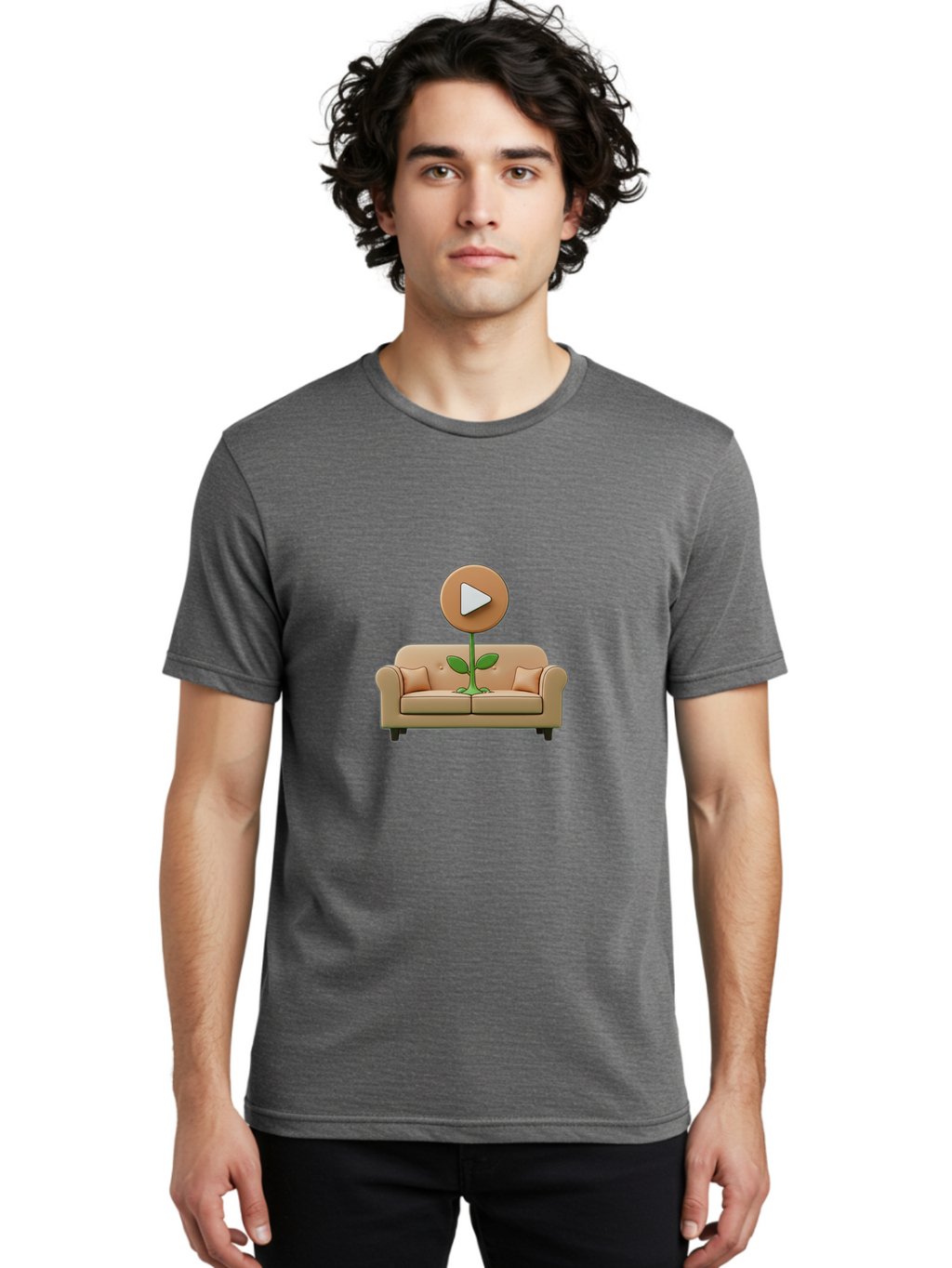 Play-Button-Sprout Men'S Graphic Tee, 100% Cotton, Comfortable Casual Summer Wear, Machine Washable, Play Button, Video Play Icon, Growing Plant, Tan Couch, Cartoon Illustration, Creative Concept, Digital Media, Online Video Bac330