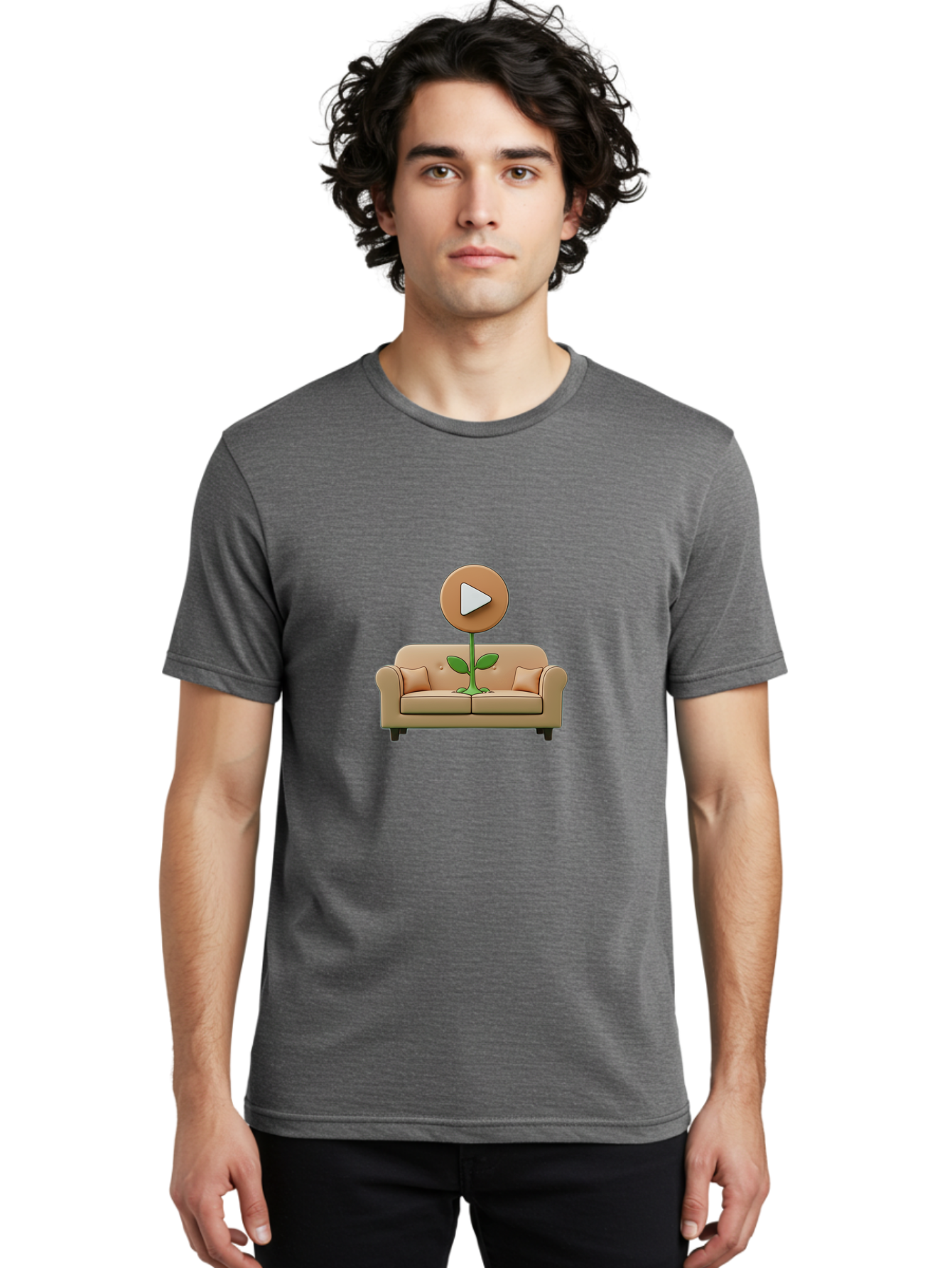 Play-Button-Sprout Men'S Graphic Tee, 100% Cotton, Comfortable Casual Summer Wear, Machine Washable, Play Button, Video Play Icon, Growing Plant, Tan Couch, Cartoon Illustration, Creative Concept, Digital Media, Online Video Bac330
