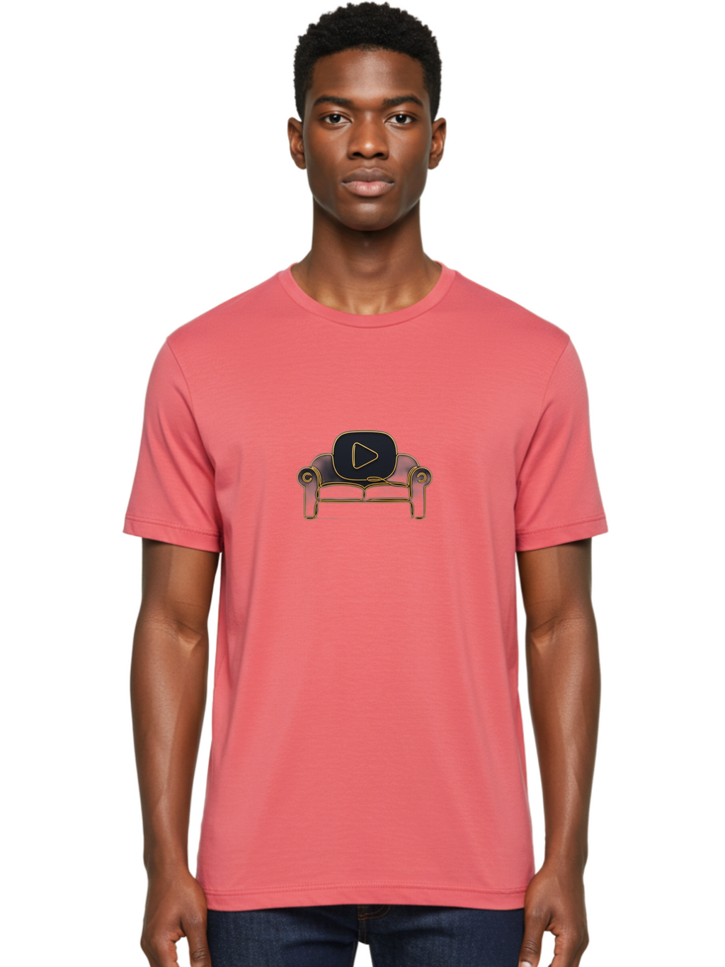 Play-Button Men'S Graphic Tee, 100% Cotton, Comfortable Casual Summer Wear, Machine Washable, Play Button On Couch, Youtube Logo, Sofa, Furniture, Outline Illustration, Modern Design, Luxury Living Room, Entertainment Bac331