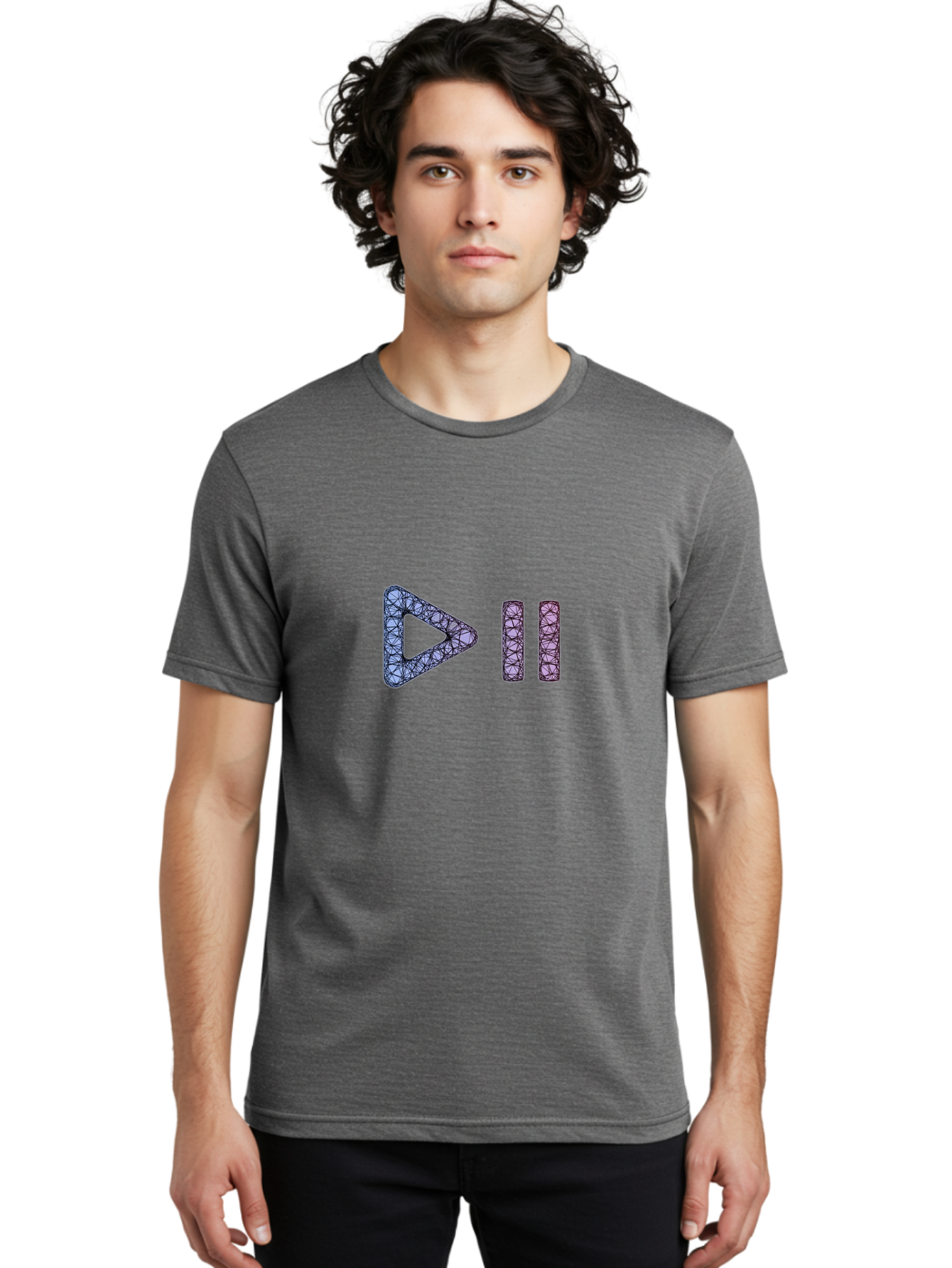 Play-Pause-Symbols Men'S Graphic Tee, 100% Cotton, Comfortable Casual Summer Wear, Machine Washable, Play And Pause Button, Media Controls, Music Control, Multimedia Icons, Abstract Geometric Pattern, Purple And Black Design, Digital Art, Bac334