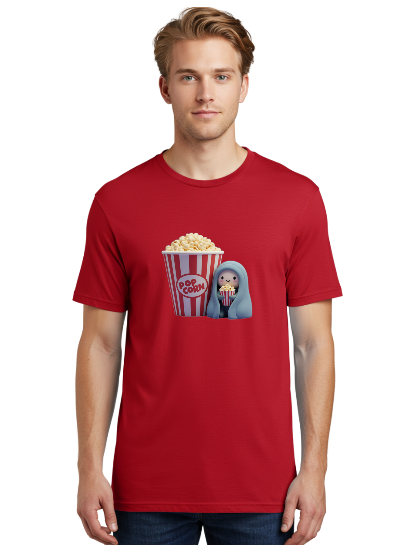Pop-Corn Men'S Graphic Tee, 100% Cotton, Comfortable Casual Summer Wear, Machine Washable, Cartoon Character, Red And White Striped Container, Small Bucket Of Popcorn, Cute Figurine, Blue Hooded Figure, Smiling Face, Fun Snack, Playful Vibe, Bac336