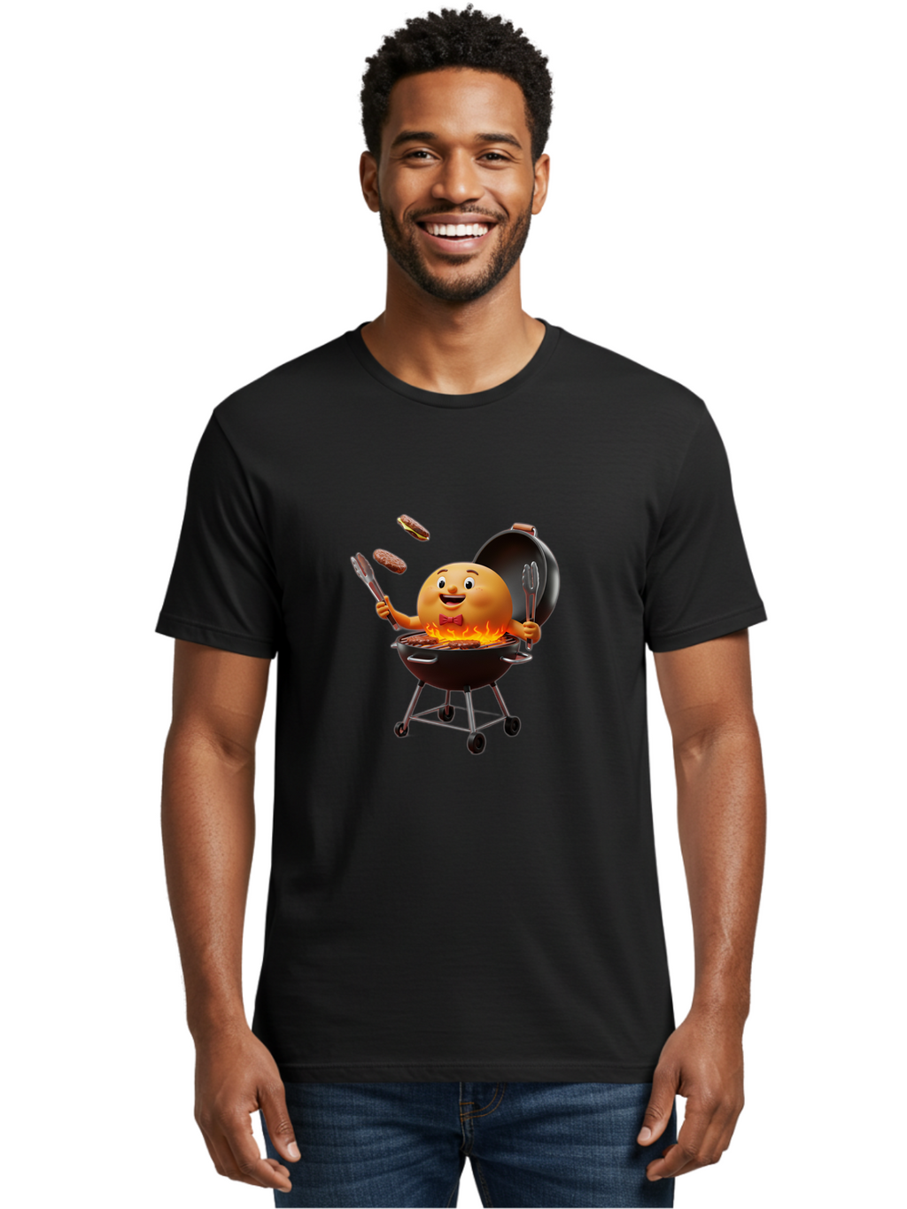 Pringles-Can-Grilling Men'S Graphic Tee, 100% Cotton, Comfortable Casual Summer Wear, Machine Washable, Cartoon Egg Grilling Burgers, Barbecue Scene, Happy Egg Character, Grilling Utensils, Tongs And Spatula, Cooking On Grill, Bac342