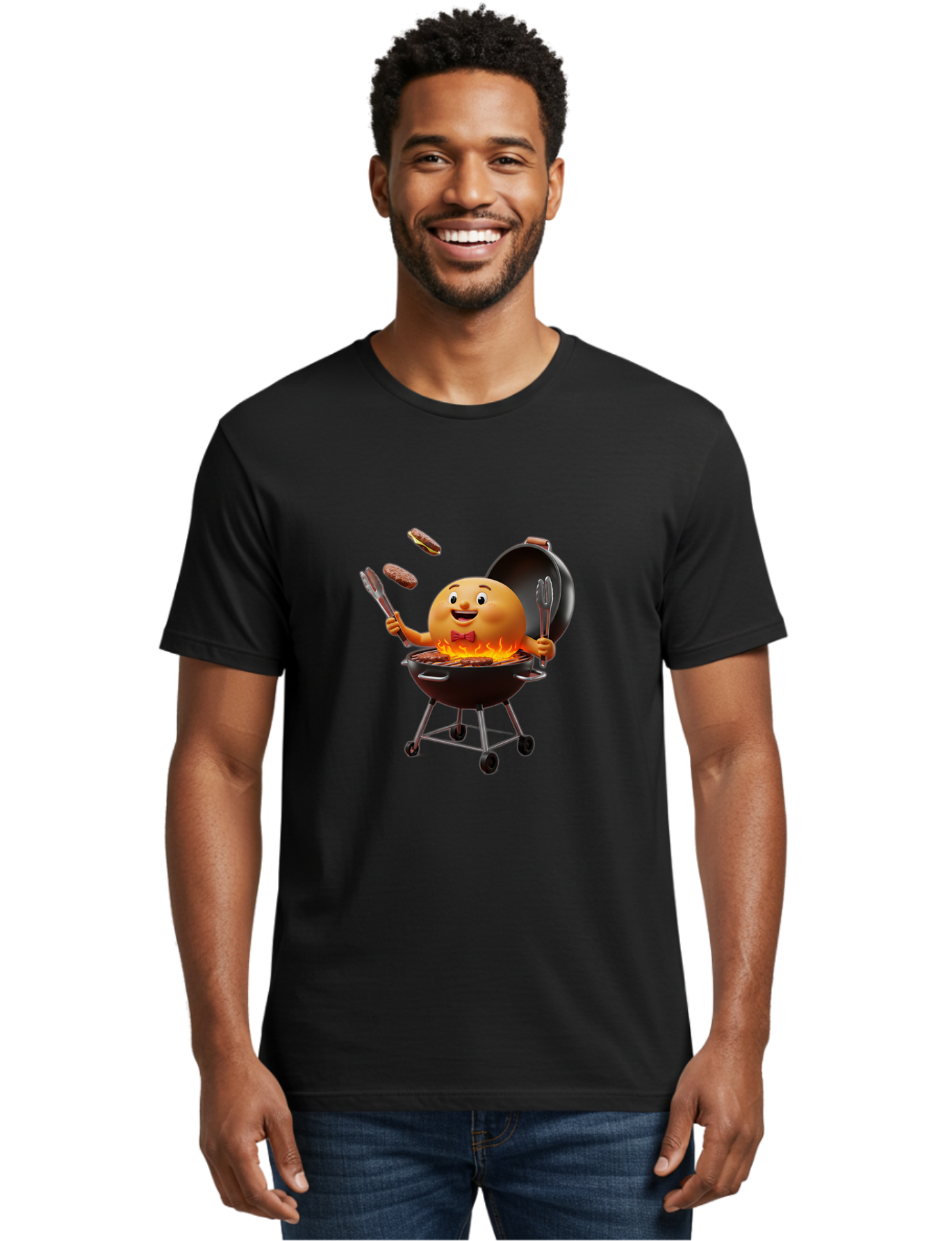 Pringles-Can-Grilling Men'S Graphic Tee, 100% Cotton, Comfortable Casual Summer Wear, Machine Washable, Cartoon Egg Grilling Burgers, Barbecue Scene, Happy Egg Character, Grilling Utensils, Tongs And Spatula, Cooking On Grill, Bac342