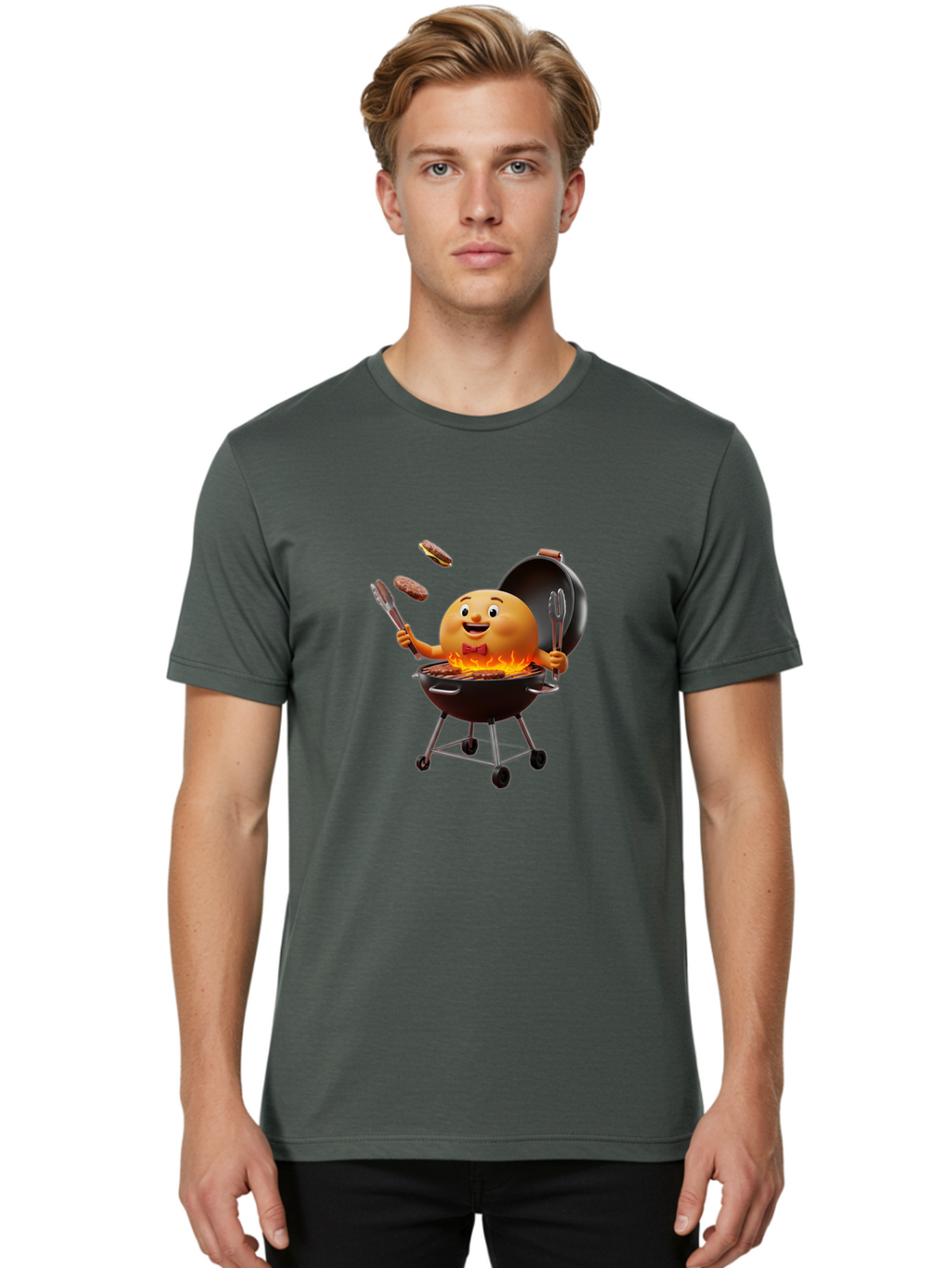 Pringles-Can-Grilling Men'S Graphic Tee, 100% Cotton, Comfortable Casual Summer Wear, Machine Washable, Cartoon Egg Grilling Burgers, Barbecue Scene, Happy Egg Character, Grilling Utensils, Tongs And Spatula, Cooking On Grill, Bac342