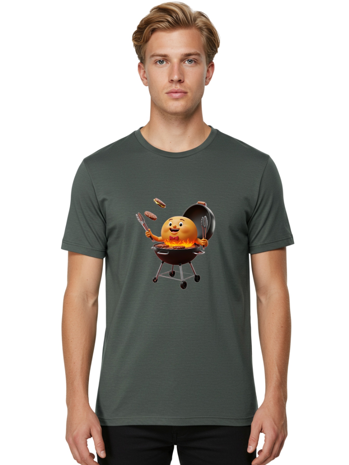 Pringles-Can-Grilling Men'S Graphic Tee, 100% Cotton, Comfortable Casual Summer Wear, Machine Washable, Cartoon Egg Grilling Burgers, Barbecue Scene, Happy Egg Character, Grilling Utensils, Tongs And Spatula, Cooking On Grill, Bac342
