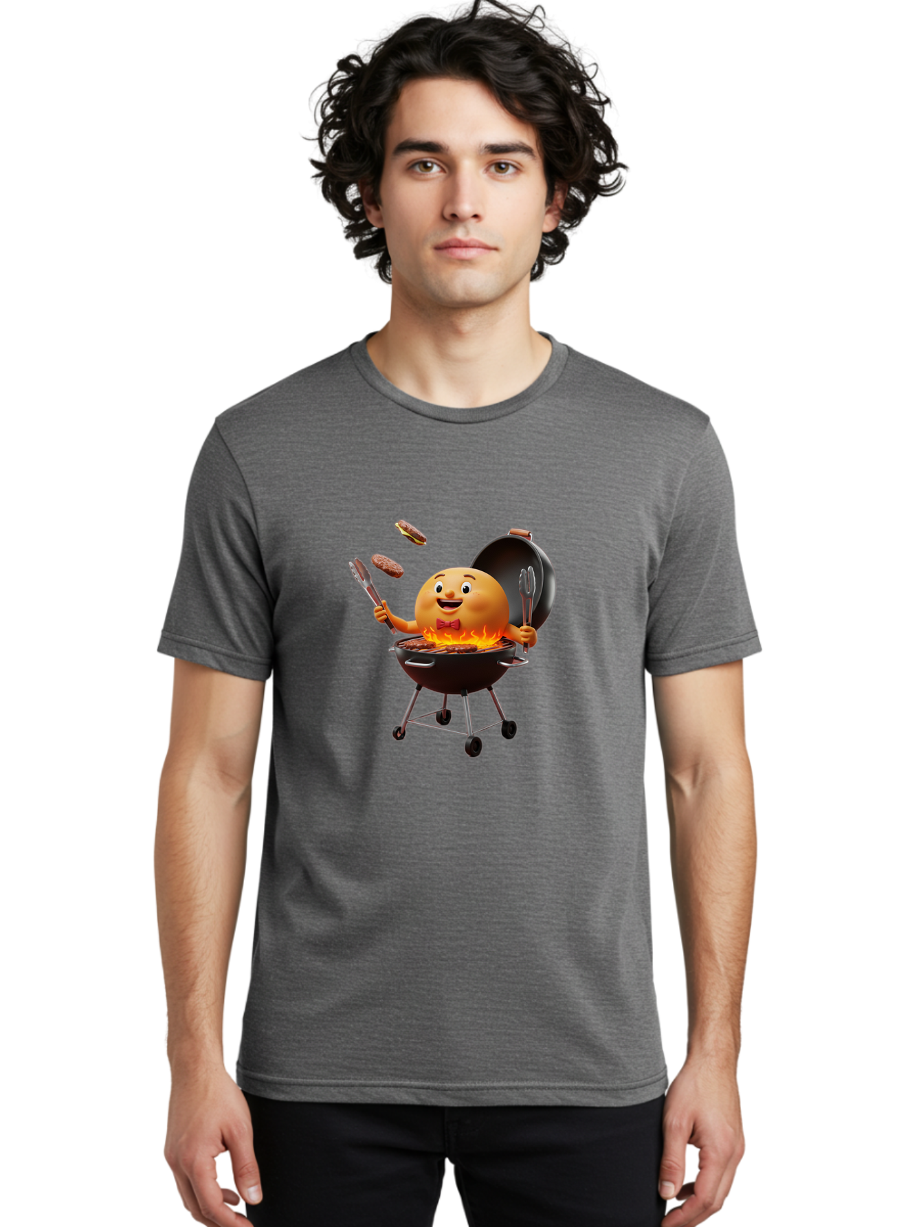 Pringles-Can-Grilling Men'S Graphic Tee, 100% Cotton, Comfortable Casual Summer Wear, Machine Washable, Cartoon Egg Grilling Burgers, Barbecue Scene, Happy Egg Character, Grilling Utensils, Tongs And Spatula, Cooking On Grill, Bac342