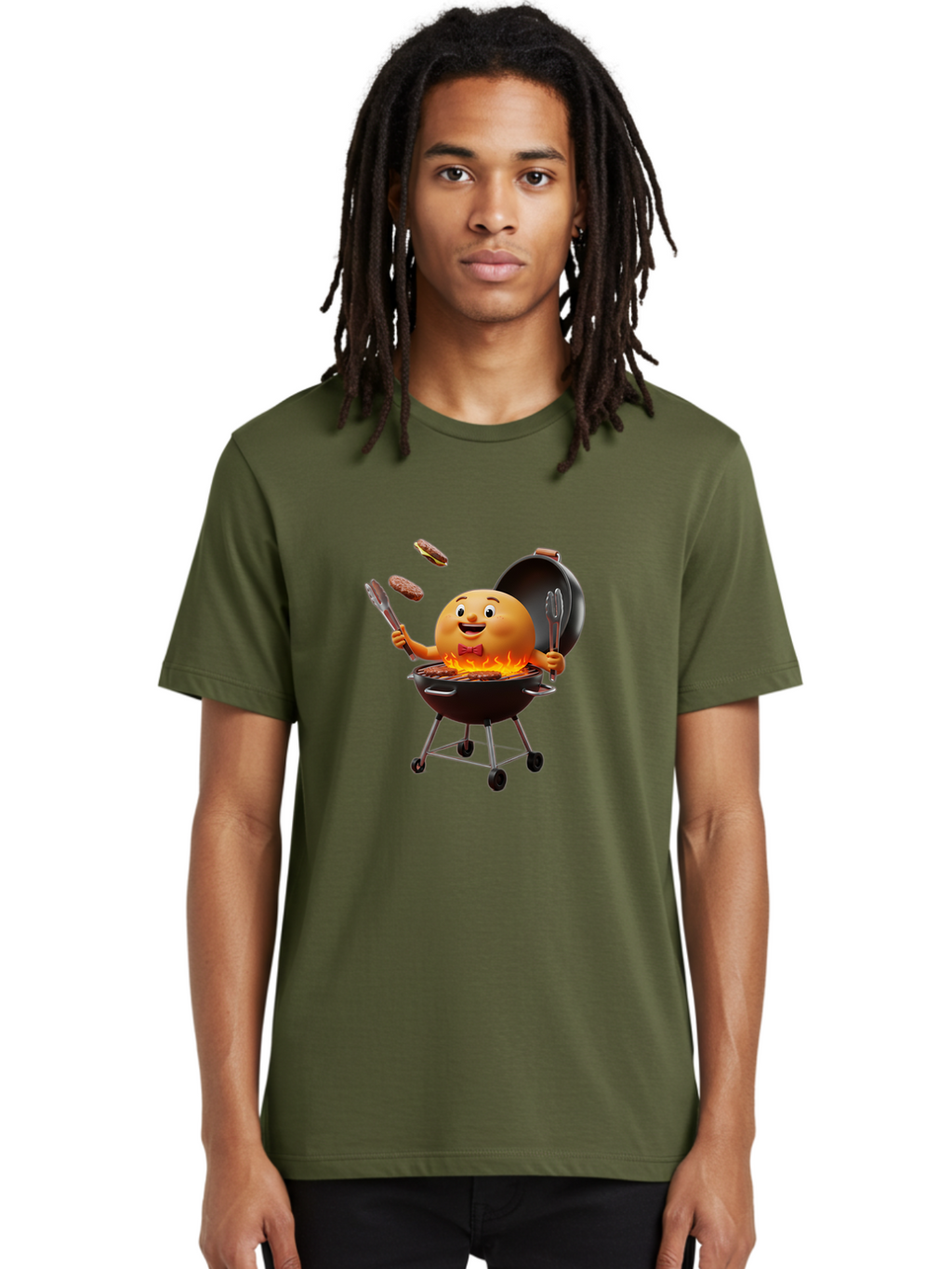 Pringles-Can-Grilling Men'S Graphic Tee, 100% Cotton, Comfortable Casual Summer Wear, Machine Washable, Cartoon Egg Grilling Burgers, Barbecue Scene, Happy Egg Character, Grilling Utensils, Tongs And Spatula, Cooking On Grill, Bac342