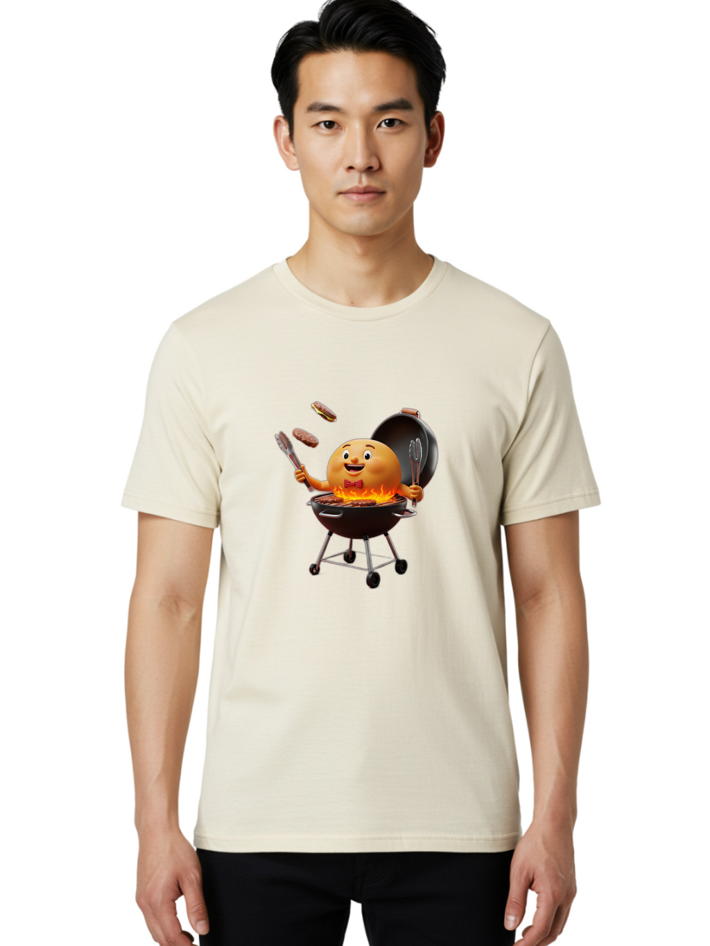 Pringles-Can-Grilling Men'S Graphic Tee, 100% Cotton, Comfortable Casual Summer Wear, Machine Washable, Cartoon Egg Grilling Burgers, Barbecue Scene, Happy Egg Character, Grilling Utensils, Tongs And Spatula, Cooking On Grill, Bac342