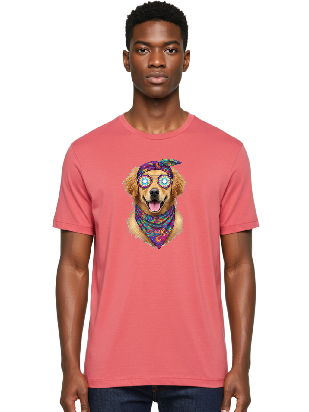 Psychedelic-Dog Men'S Graphic Tee, 100% Cotton, Comfortable Casual Summer Wear, Machine Washable, Happy Dog, Psychedelic Sunglasses, Colorful Bandana, Hippie Style, Fun Pet, Happy Animal, Playful Pup, Groovy Vibe, Funky Glasses, Bac344