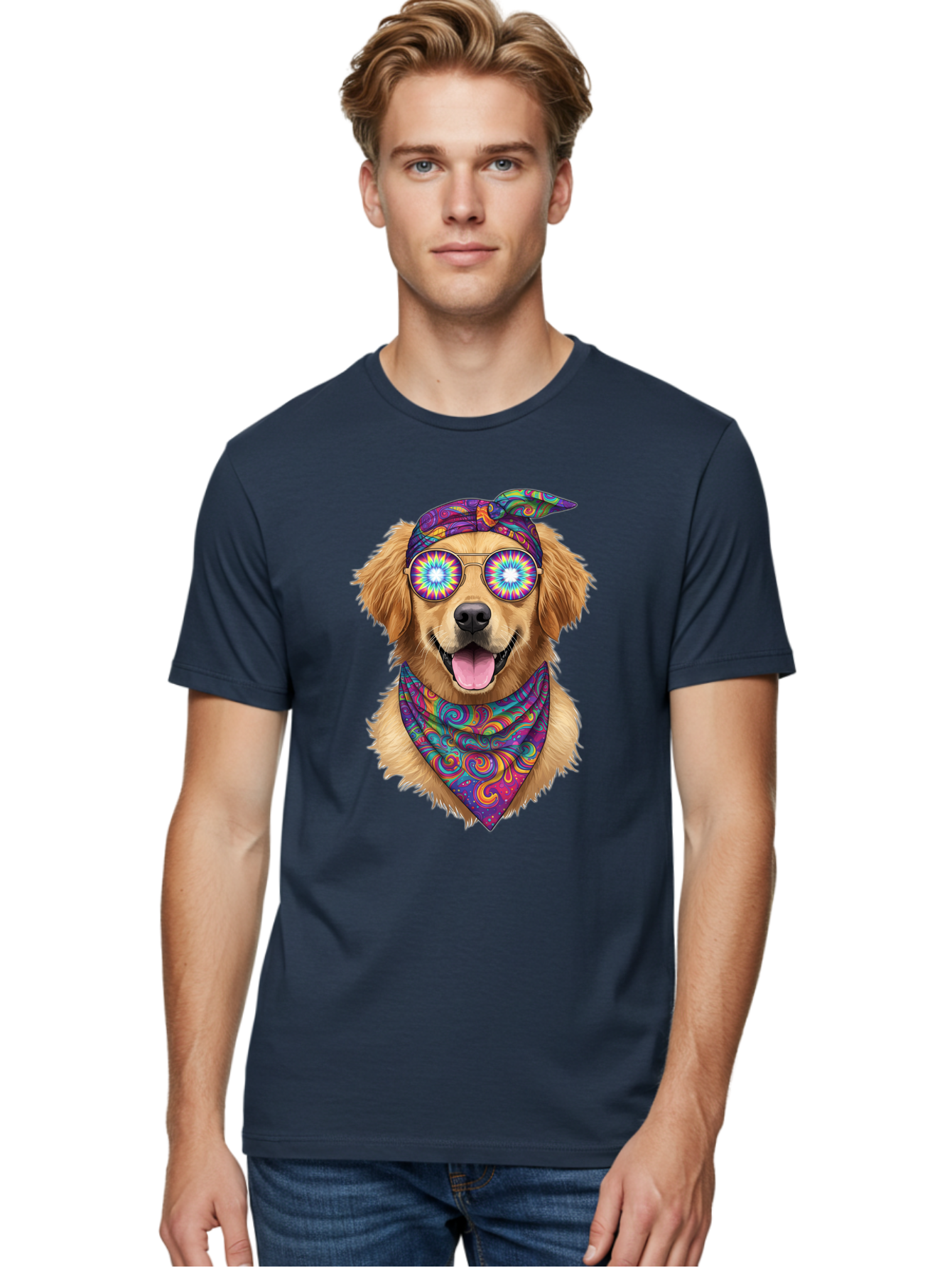 Psychedelic-Dog Men'S Graphic Tee, 100% Cotton, Comfortable Casual Summer Wear, Machine Washable, Happy Dog, Psychedelic Sunglasses, Colorful Bandana, Hippie Style, Fun Pet, Happy Animal, Playful Pup, Groovy Vibe, Funky Glasses, Bac344