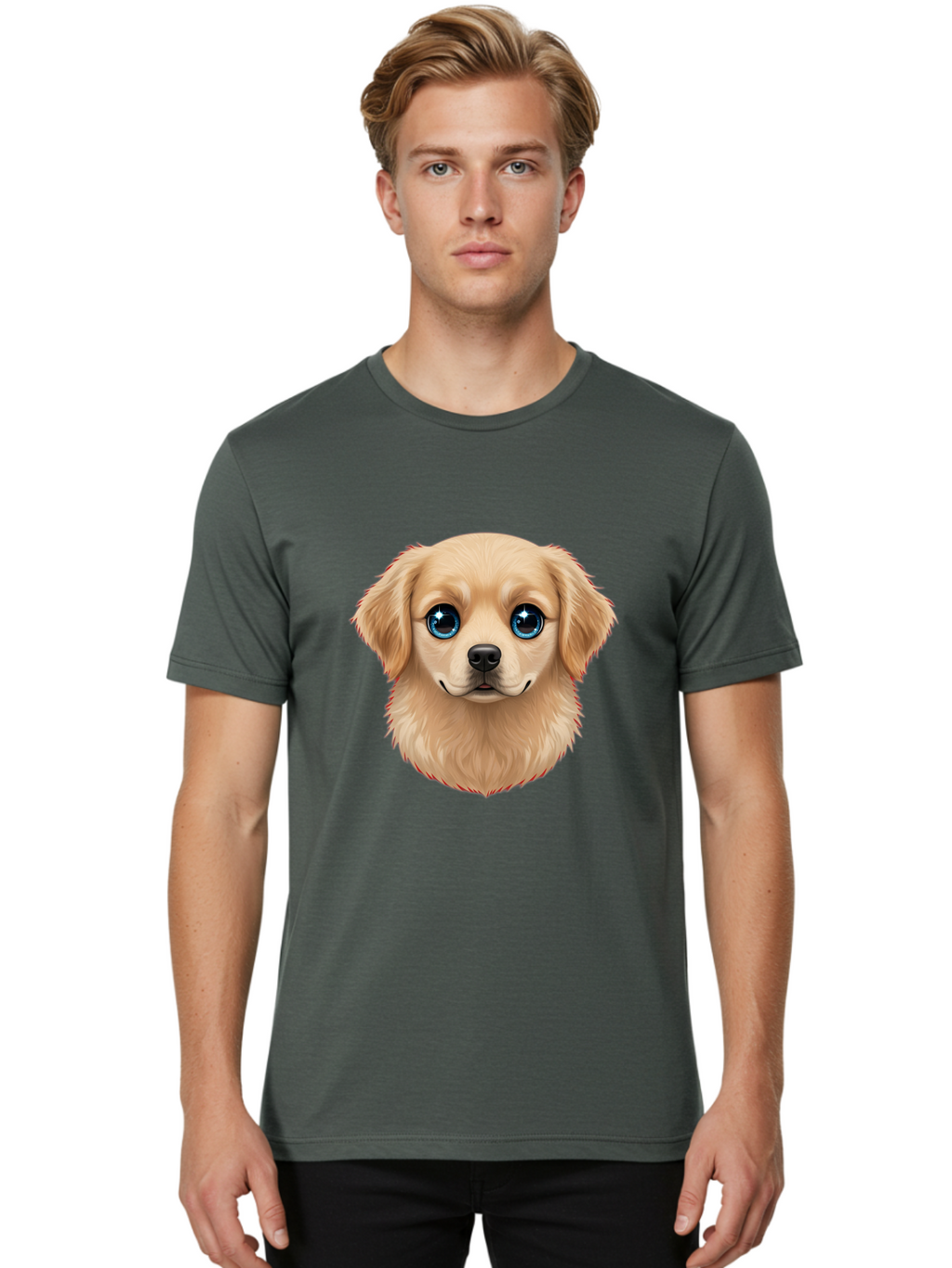 Puppy-Head Men'S Graphic Tee, 100% Cotton, Comfortable Casual Summer Wear, Machine Washable, Adorable Puppy, Cute Dog Face, Big Blue Eyes, Fluffy Fur, Sweet Expression, Cartoon Dog, Digital Art, Puppy Love, Furry Friend Bac347