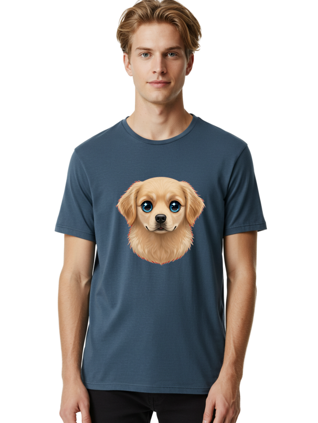 Puppy-Head Men'S Graphic Tee, 100% Cotton, Comfortable Casual Summer Wear, Machine Washable, Adorable Puppy, Cute Dog Face, Big Blue Eyes, Fluffy Fur, Sweet Expression, Cartoon Dog, Digital Art, Puppy Love, Furry Friend Bac347