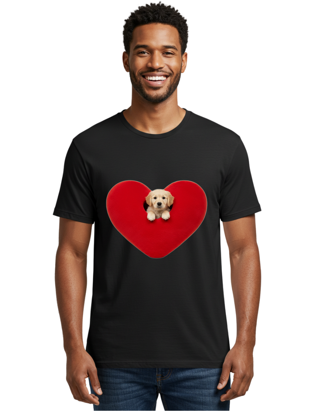 Puppy-In-Heart Men'S Graphic Tee, 100% Cotton, Comfortable Casual Summer Wear, Machine Washable, Adorable Puppy, Golden Retriever, Cute Dog, Heart Shape, Love Symbol, Heartwarming Scene, Playful Pup, Furry Friend, Heart Cutout Bac348