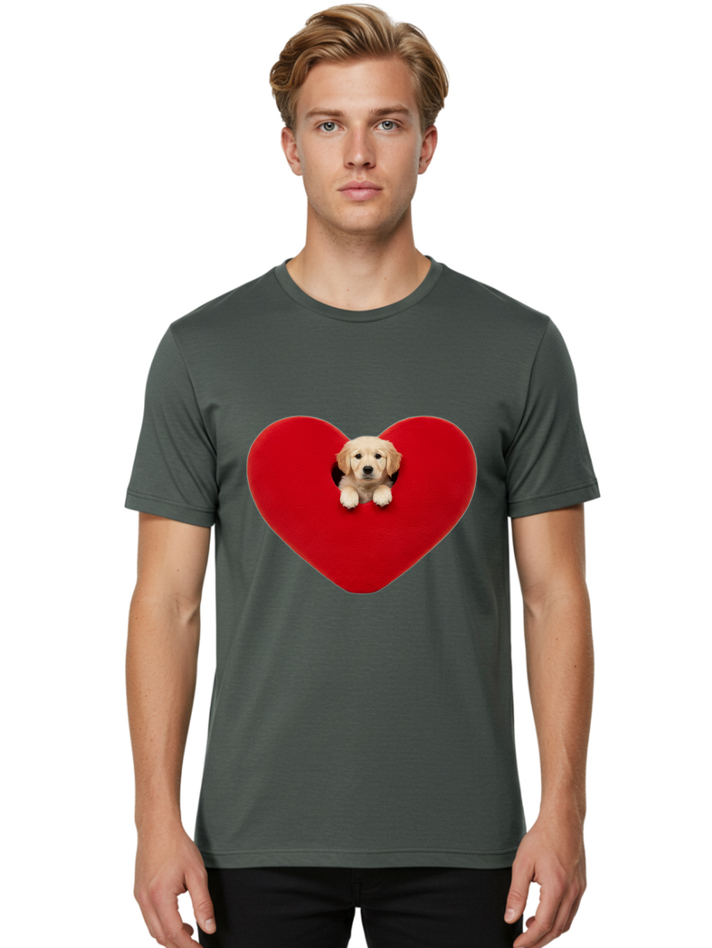Puppy-In-Heart Men'S Graphic Tee, 100% Cotton, Comfortable Casual Summer Wear, Machine Washable, Adorable Puppy, Golden Retriever, Cute Dog, Heart Shape, Love Symbol, Heartwarming Scene, Playful Pup, Furry Friend, Heart Cutout Bac348