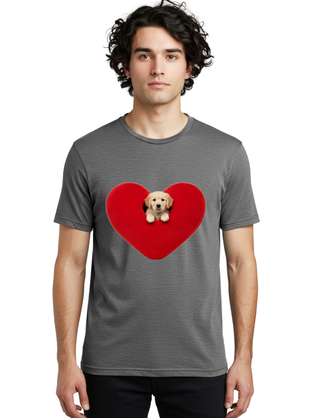 Puppy-In-Heart Men'S Graphic Tee, 100% Cotton, Comfortable Casual Summer Wear, Machine Washable, Adorable Puppy, Golden Retriever, Cute Dog, Heart Shape, Love Symbol, Heartwarming Scene, Playful Pup, Furry Friend, Heart Cutout Bac348