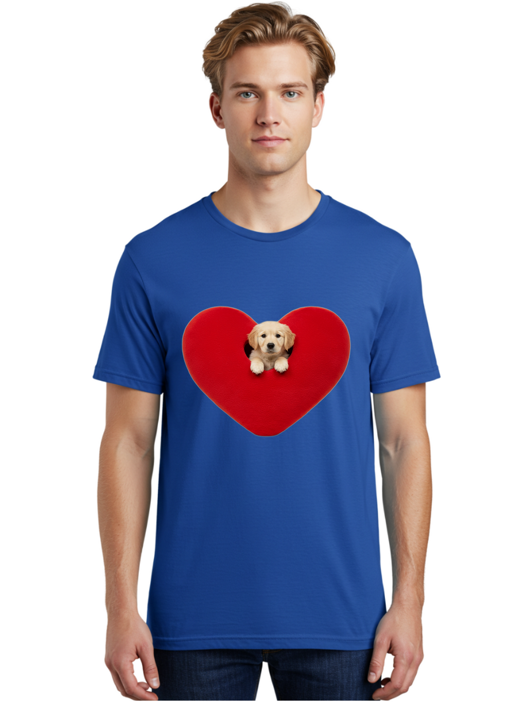 Puppy-In-Heart Men'S Graphic Tee, 100% Cotton, Comfortable Casual Summer Wear, Machine Washable, Adorable Puppy, Golden Retriever, Cute Dog, Heart Shape, Love Symbol, Heartwarming Scene, Playful Pup, Furry Friend, Heart Cutout Bac348