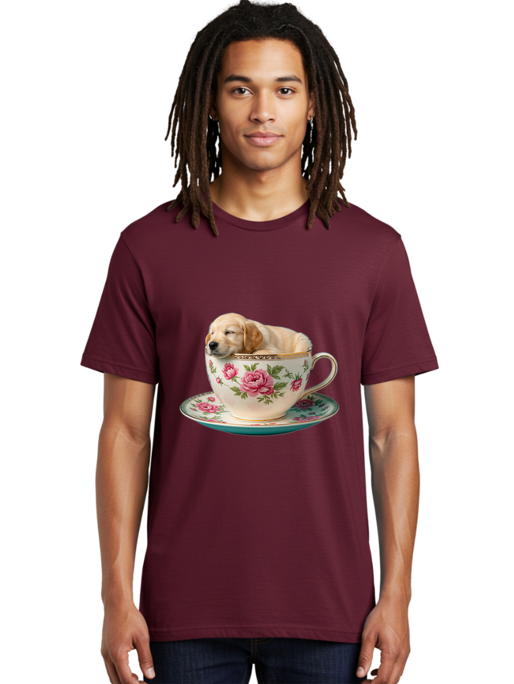 Puppy-In-Tea-Cup Men'S Graphic Tee, 100% Cotton, Comfortable Casual Summer Wear, Machine Washable, Sleeping Puppy, Adorable Puppy, Golden Retriever, Teacup, Floral Pattern, Pink Roses, Delicate China, Whimsical Scene, Cute Animals, Tea Time Bac349