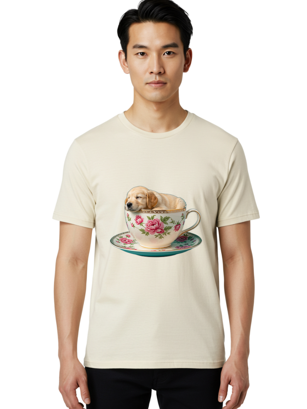 Puppy-In-Tea-Cup Men'S Graphic Tee, 100% Cotton, Comfortable Casual Summer Wear, Machine Washable, Sleeping Puppy, Adorable Puppy, Golden Retriever, Teacup, Floral Pattern, Pink Roses, Delicate China, Whimsical Scene, Cute Animals, Tea Time Bac349