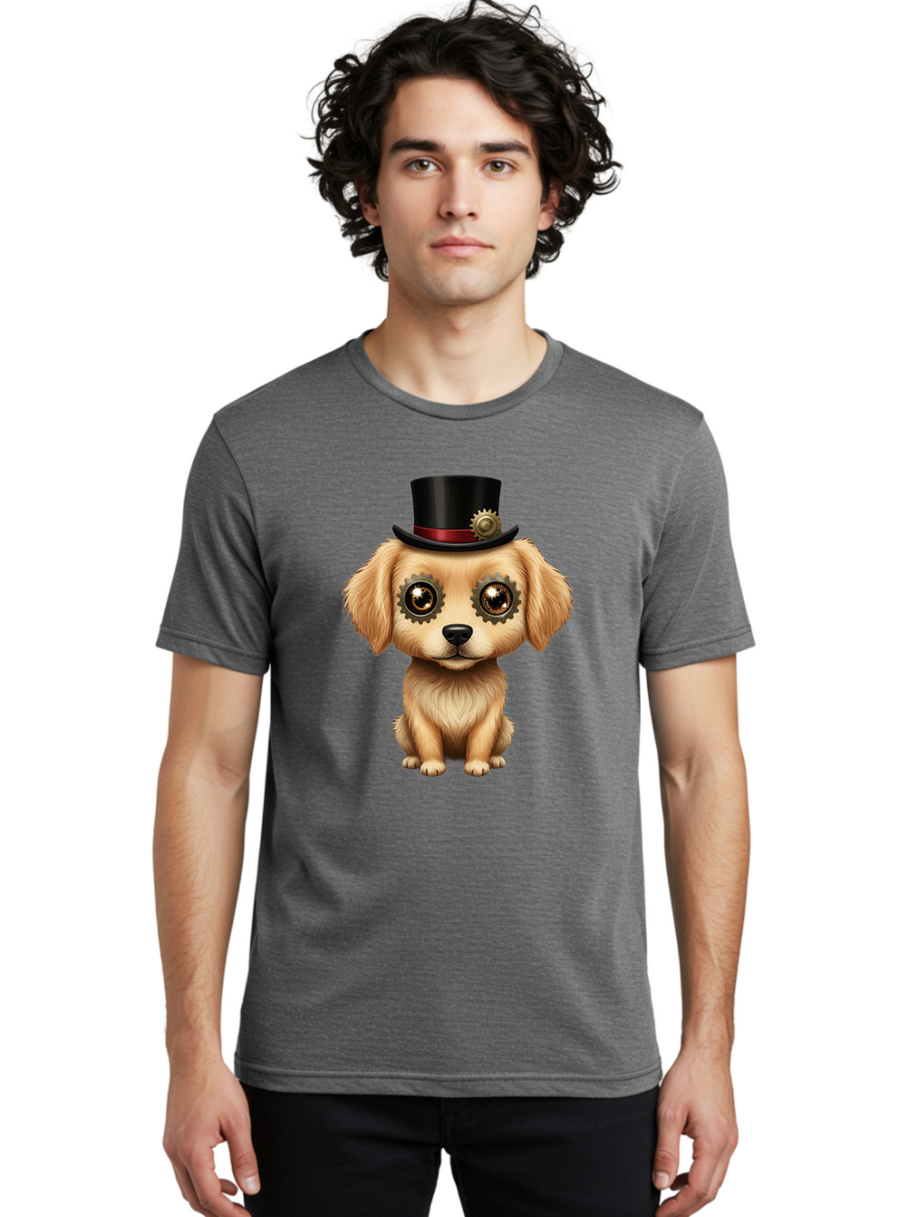 Puppy-In-Top-Hat Men'S Graphic Tee, 100% Cotton, Comfortable Casual Summer Wear, Machine Washable, Steampunk Dog, Puppy With Hat, Gear Eyes, Vintage Style, Unique Accessories, Fantasy Animal, Imaginative Design, Steampunk Art, Bac350
