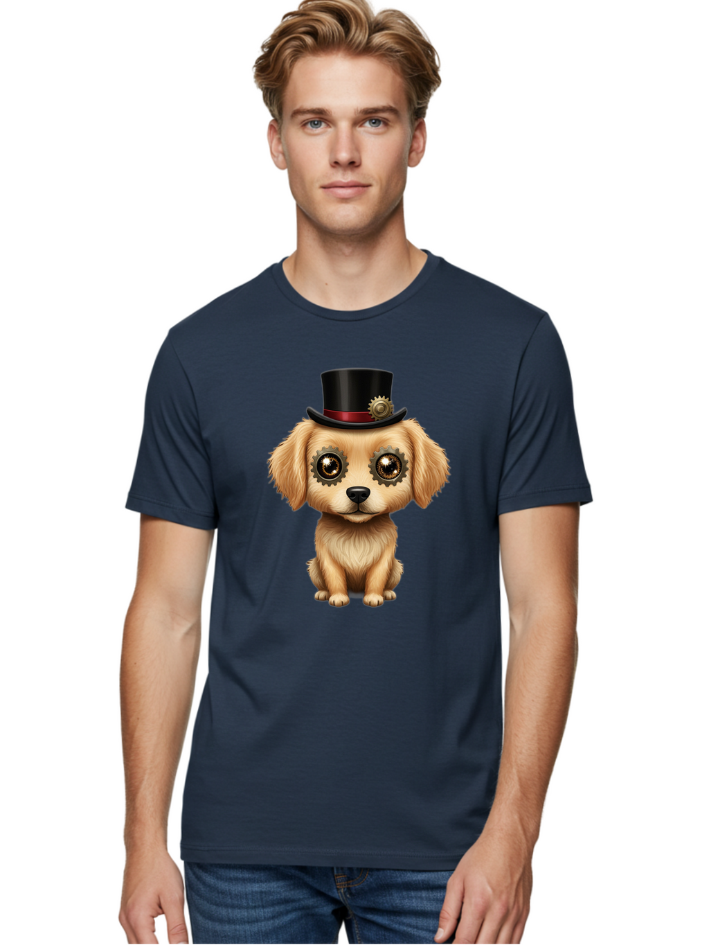 Puppy-In-Top-Hat Men'S Graphic Tee, 100% Cotton, Comfortable Casual Summer Wear, Machine Washable, Steampunk Dog, Puppy With Hat, Gear Eyes, Vintage Style, Unique Accessories, Fantasy Animal, Imaginative Design, Steampunk Art, Bac350