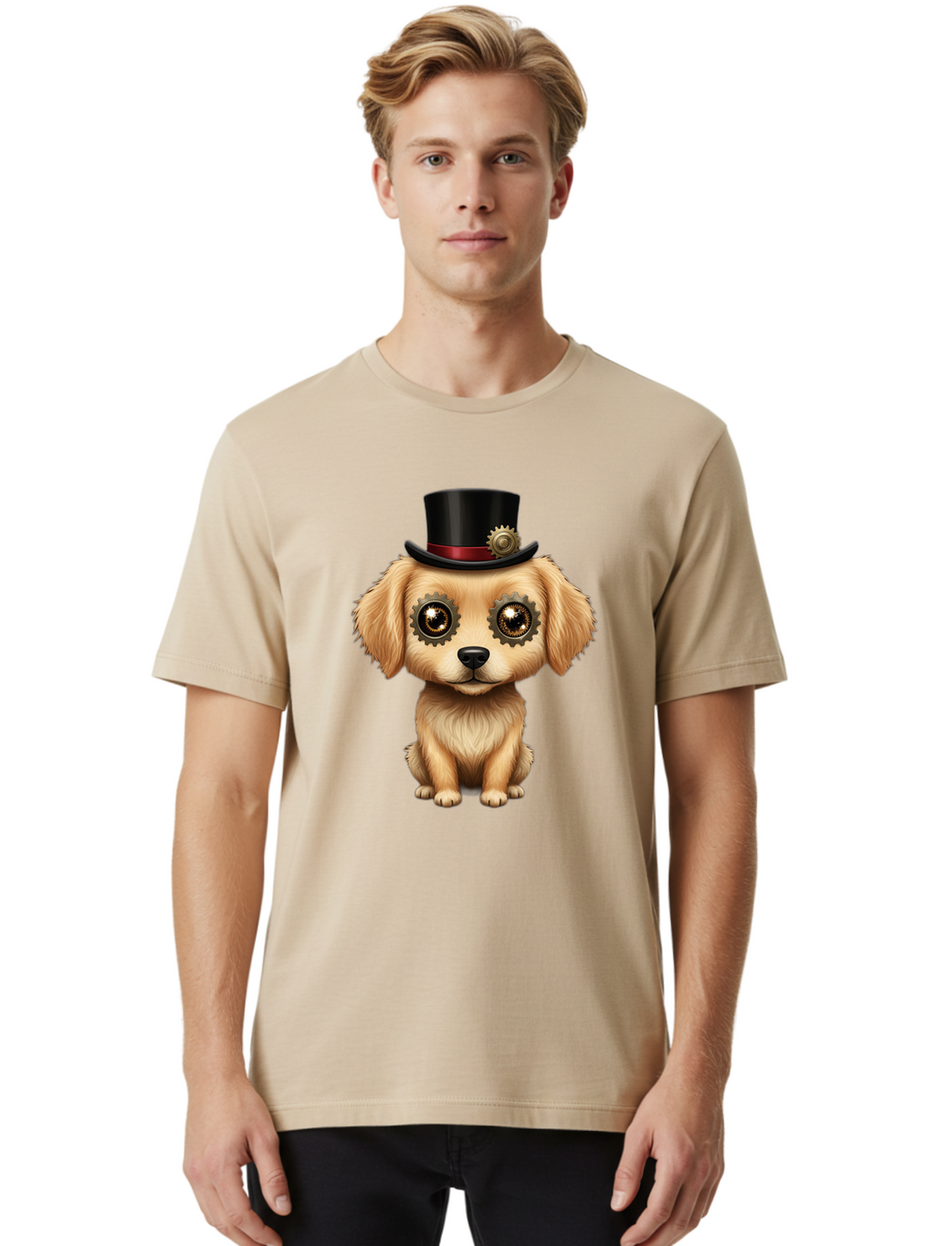 Puppy-In-Top-Hat Men'S Graphic Tee, 100% Cotton, Comfortable Casual Summer Wear, Machine Washable, Steampunk Dog, Puppy With Hat, Gear Eyes, Vintage Style, Unique Accessories, Fantasy Animal, Imaginative Design, Steampunk Art, Bac350