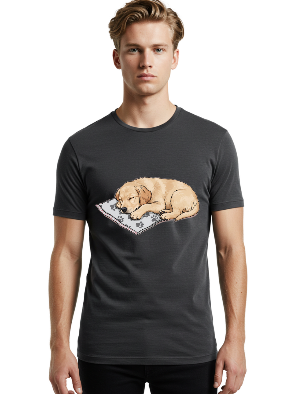 Puppy-Sleeping-On-Paw-Print-Blanket Men'S Graphic Tee, 100% Cotton, Comfortable Casual Summer Wear, Machine Washable, Sleeping Puppy, Golden Retriever, Animal Rest, Dog Blanket, Paw Prints, Cozy Atmosphere, Cartoon Illustration, Adorable Pet Bac351