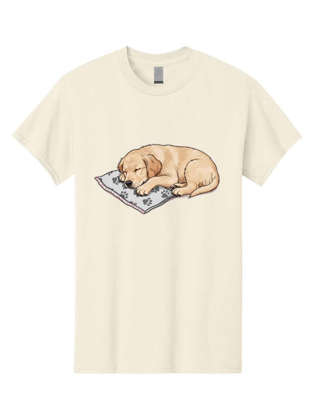 Puppy-Sleeping-On-Paw-Print-Blanket Men'S Graphic Tee, 100% Cotton, Comfortable Casual Summer Wear, Machine Washable, Sleeping Puppy, Golden Retriever, Animal Rest, Dog Blanket, Paw Prints, Cozy Atmosphere, Cartoon Illustration, Adorable Pet Bac351