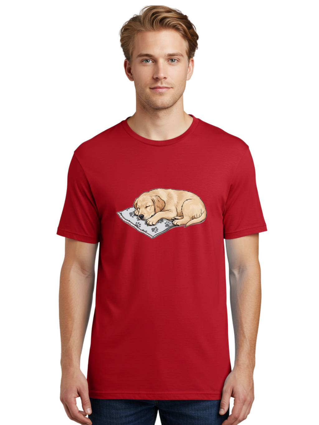 Puppy-Sleeping-On-Paw-Print-Blanket Men'S Graphic Tee, 100% Cotton, Comfortable Casual Summer Wear, Machine Washable, Sleeping Puppy, Golden Retriever, Animal Rest, Dog Blanket, Paw Prints, Cozy Atmosphere, Cartoon Illustration, Adorable Pet Bac351