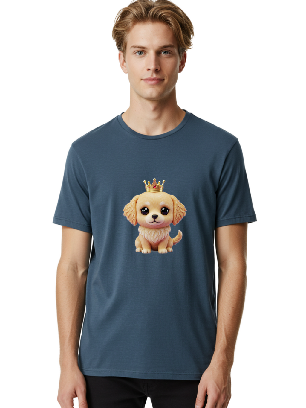 Puppy-With-Crown Men'S Graphic Tee, 100% Cotton, Comfortable Casual Summer Wear, Machine Washable, Cute Puppy, Golden Crown, Royal Treatment, Adorable Dog, Cartoon Style, Playful Expression, Fluffy Fur, Kawaii Culture, Dog Lover, Royalty, Bac352