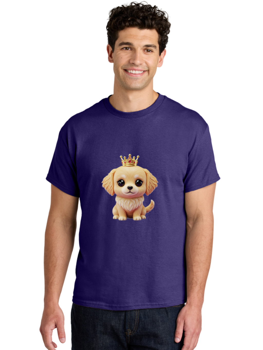 Puppy-With-Crown Men'S Graphic Tee, 100% Cotton, Comfortable Casual Summer Wear, Machine Washable, Cute Puppy, Golden Crown, Royal Treatment, Adorable Dog, Cartoon Style, Playful Expression, Fluffy Fur, Kawaii Culture, Dog Lover, Royalty, Bac352