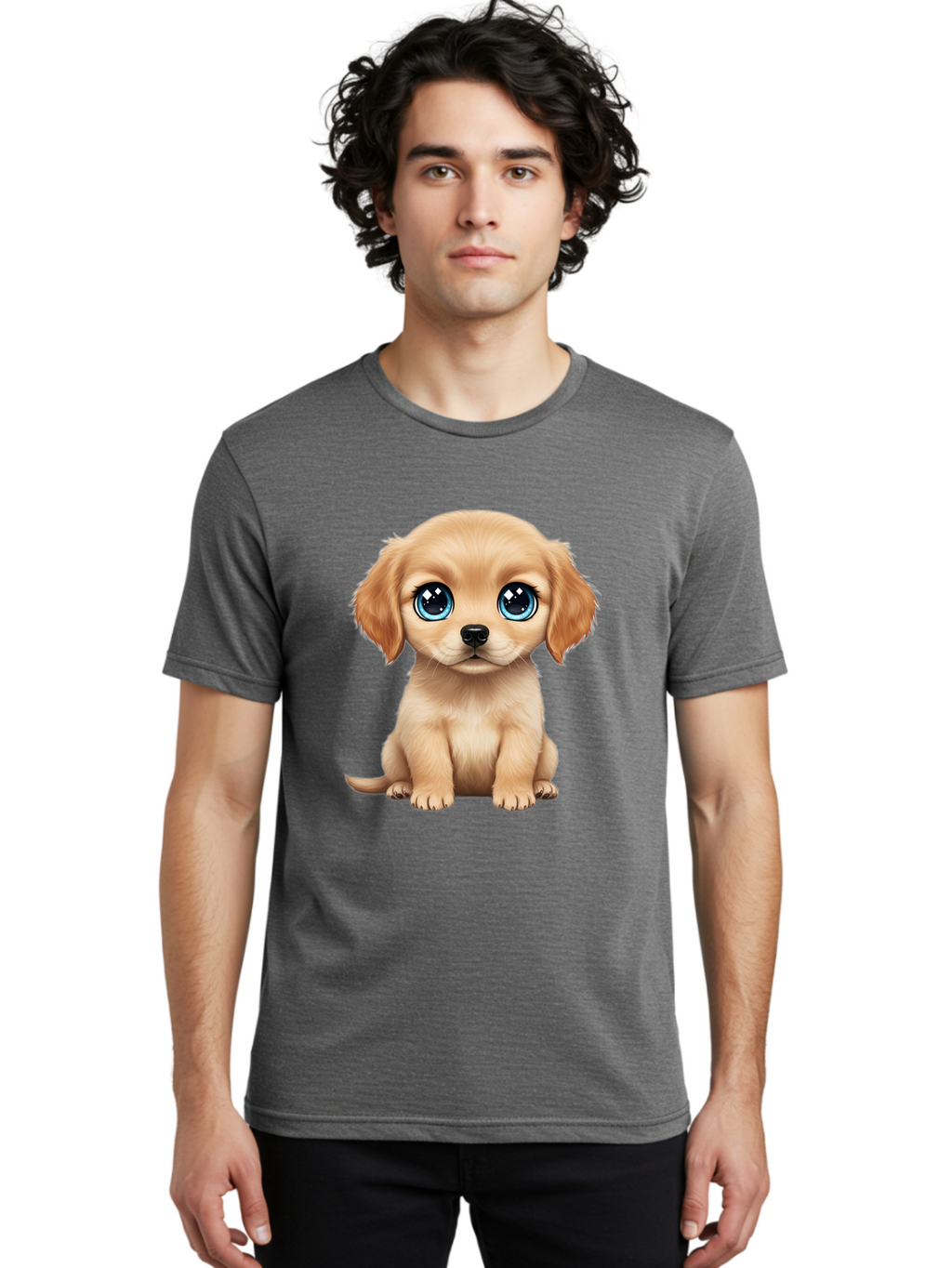 Puppy Men'S Graphic Tee, 100% Cotton, Comfortable Casual Summer Wear, Machine Washable, Adorable Puppy, Cute Dog, Blue Eyes, Fluffy Fur, Sweet Expression, Endearing Animal, Furry Friend, Digital Art, Cartoon Character, Playful, Charming Bac353