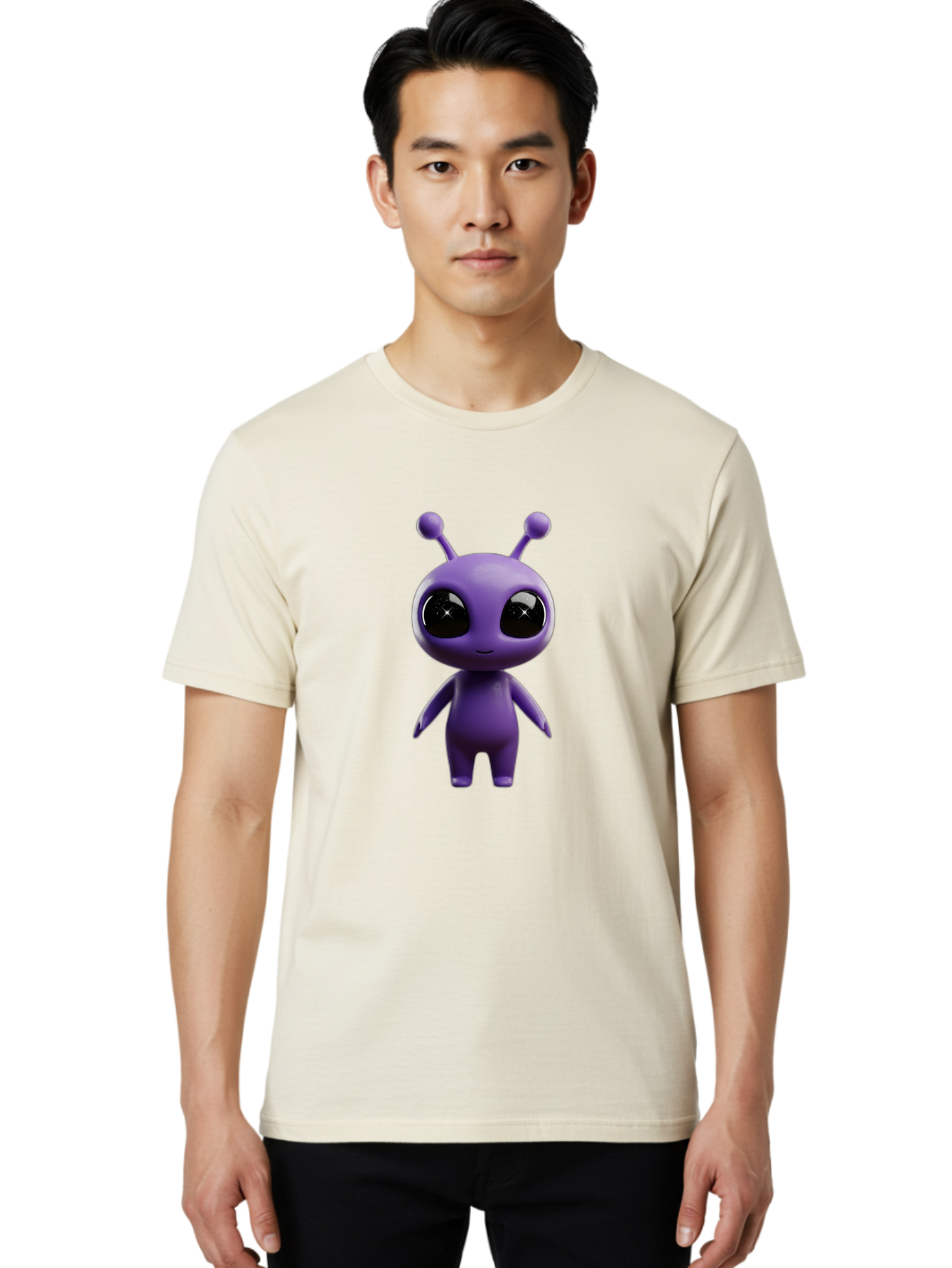 Purple-Alien-Character Men'S Graphic Tee, 100% Cotton, Comfortable Casual Summer Wear, Machine Washable, Cartoon Alien, Purple Creature, Large Eyes, Antennae, Simple Design, 3D Rendering, Kawaii Character, Digital Art, Fun Graphic, Bac354